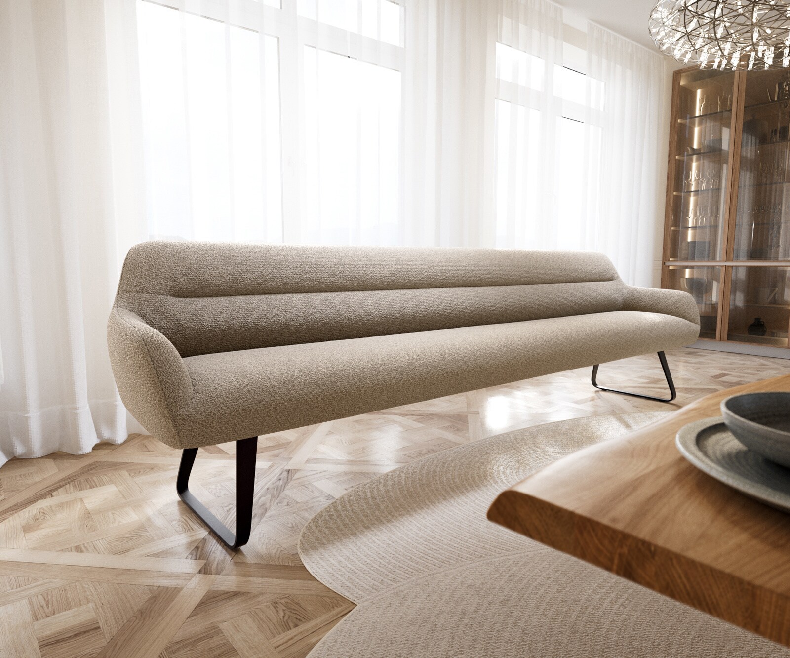 Esszimmerbank Taya-Flex 300 cm Bouclé Schlamm Kufengestell flach Schwarz Taschenfederkern 1