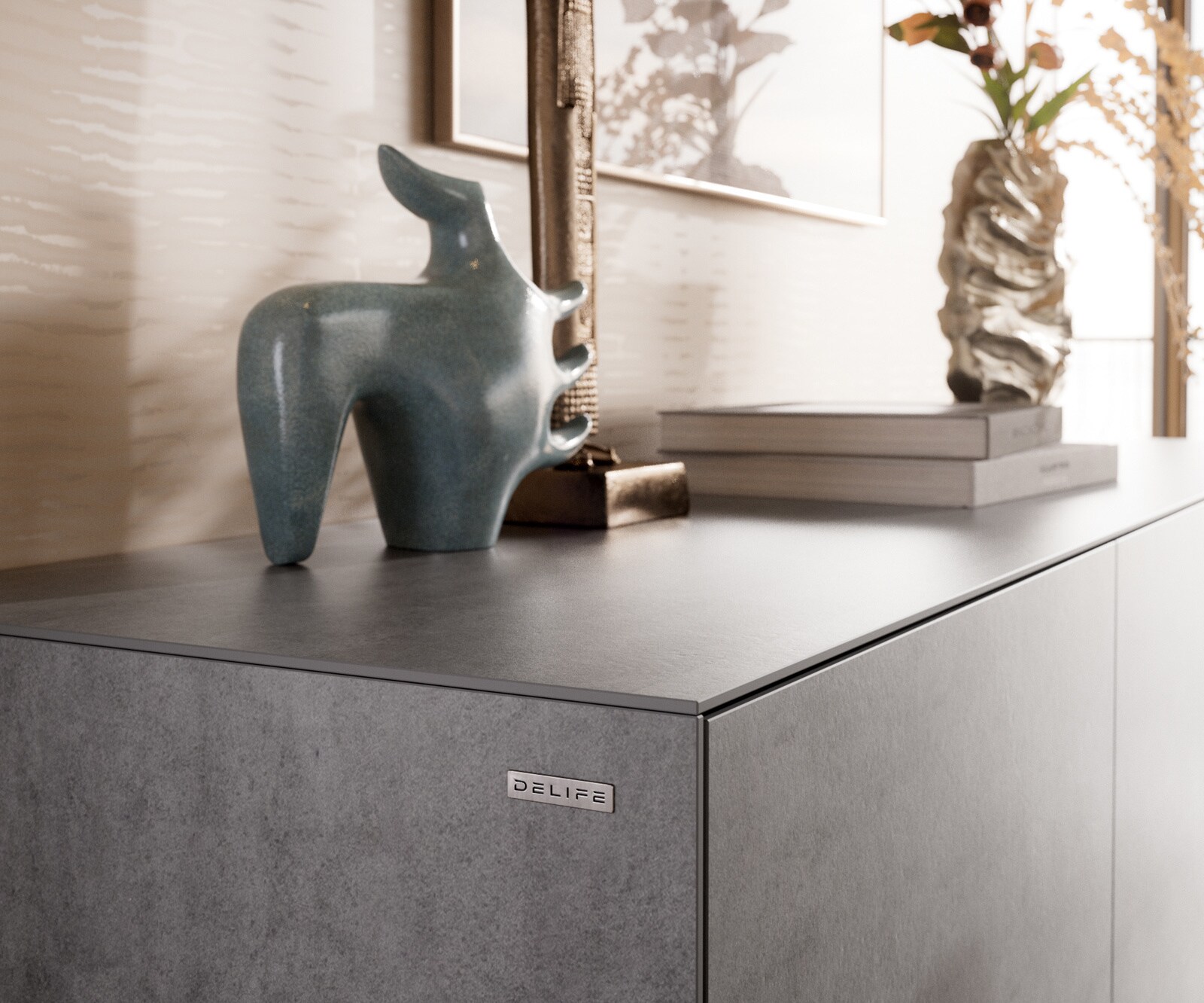 Sideboard Cuor 180 cm Keramik Beton Grau 2 Türen 3 Schubfächer Fuß Schwebeoptik Metall Schwarz 6