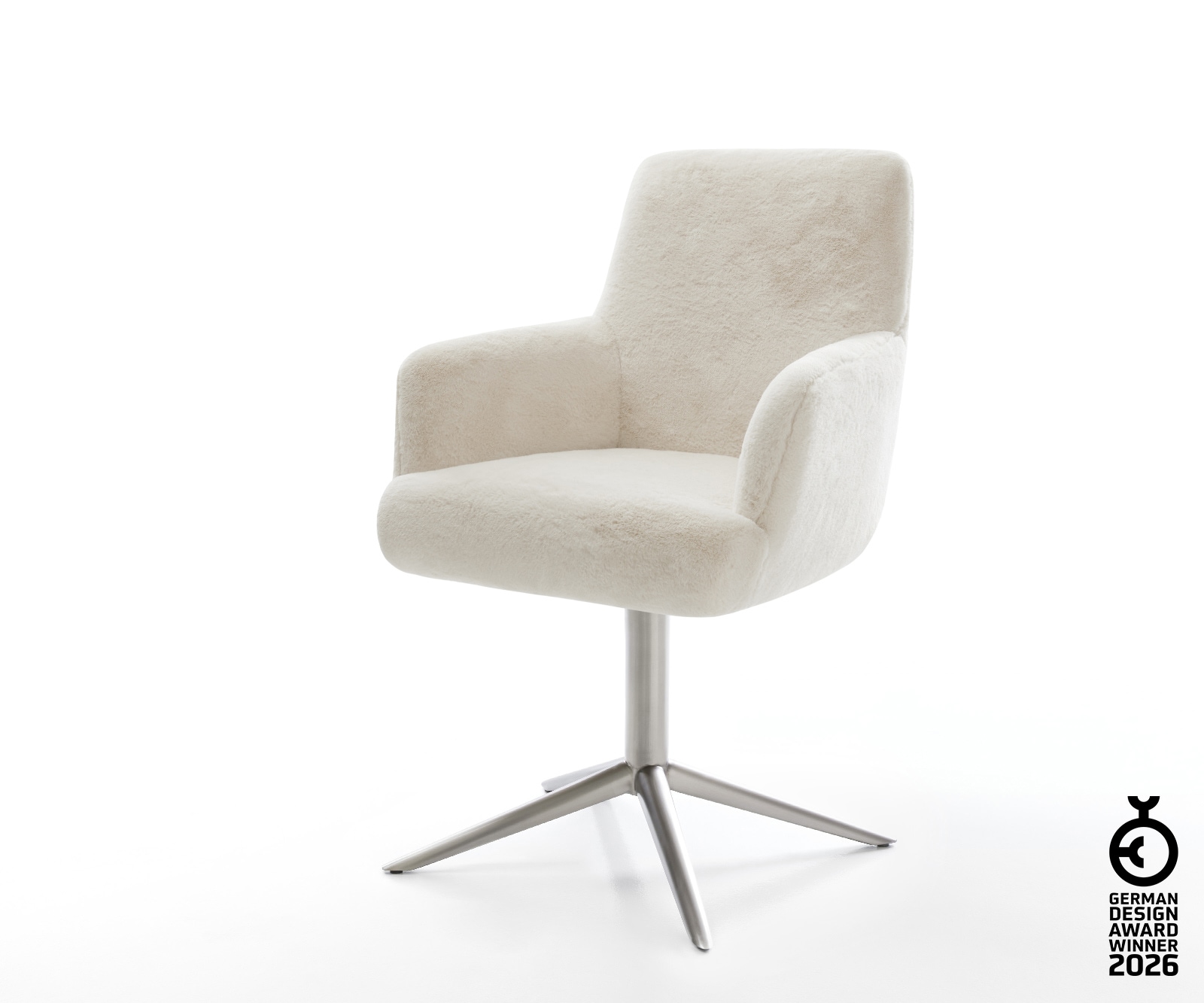 Drehstuhl Heira-Flex mit Armlehnen Plüsch Creme-Weiß Fußkreuz Edelstahl 360° drehbar Wippfunktion Taschenfederkern