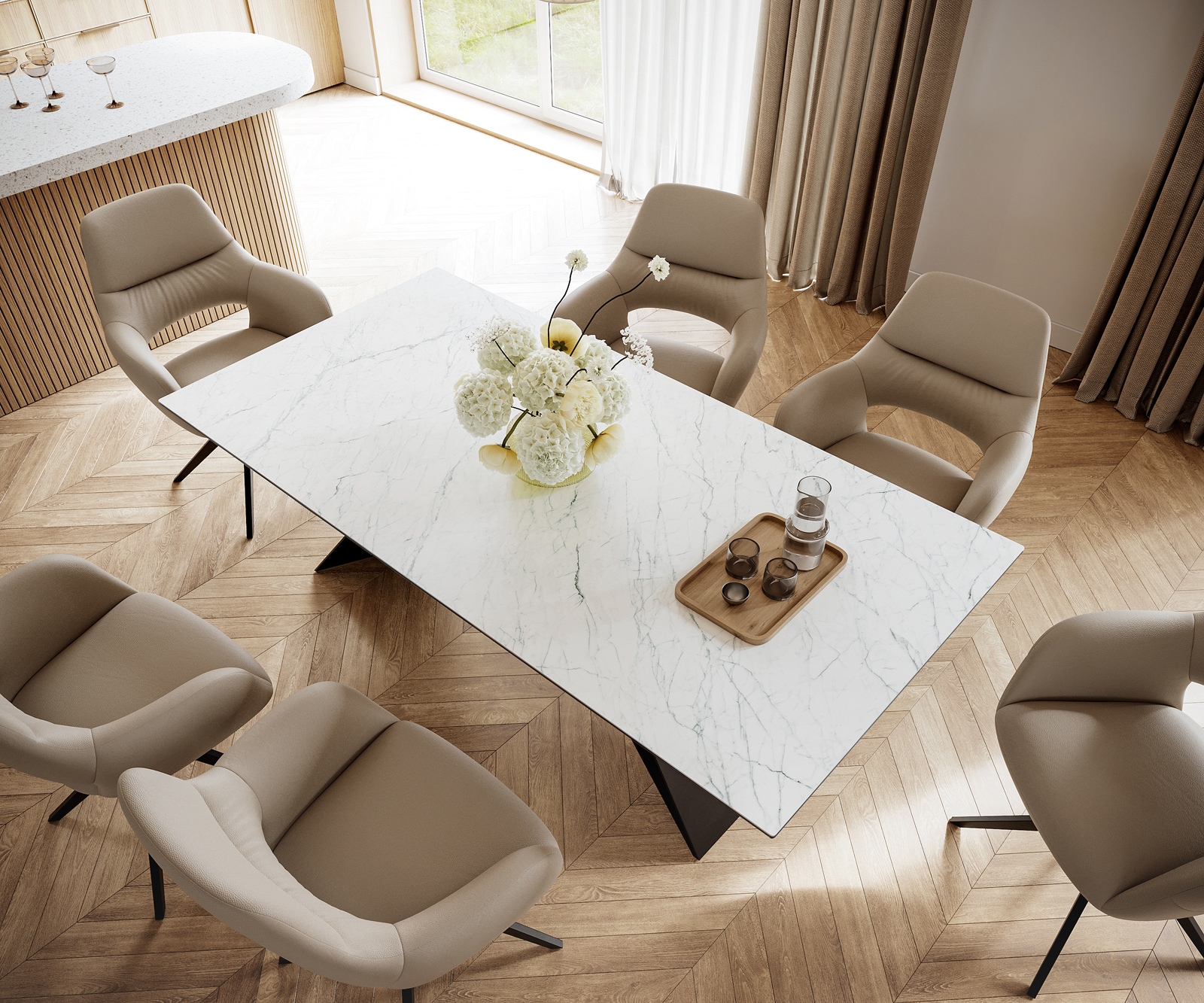 Esstisch Edge 200x100cm Keramik Laminam®Statuarietto Weiß V-Mittelfuß Schwarz 3