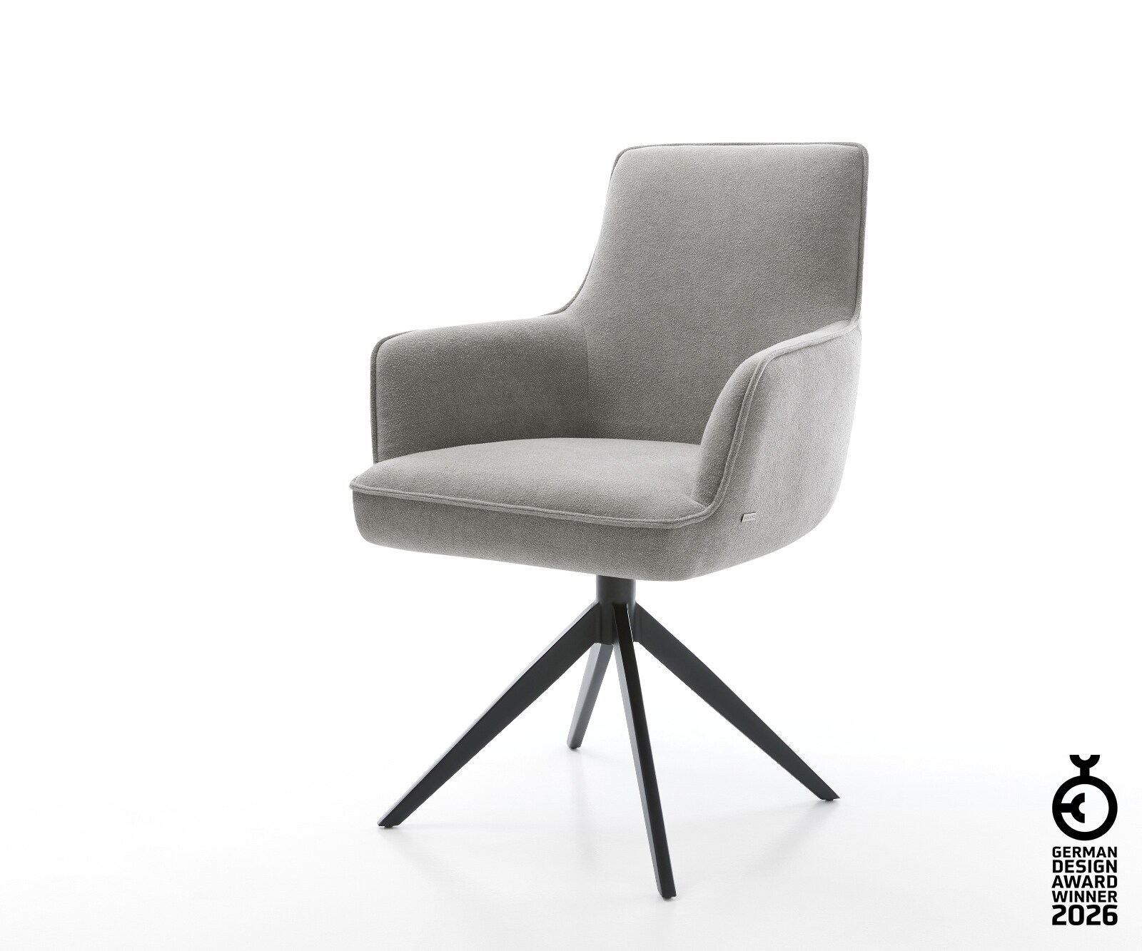 Drehstuhl Heira-Flex mit Armlehnen Strukturstoff Soft Grau Kreuzgestell breit Schwarz 360° drehbar Wippfunktion Taschenfederkern