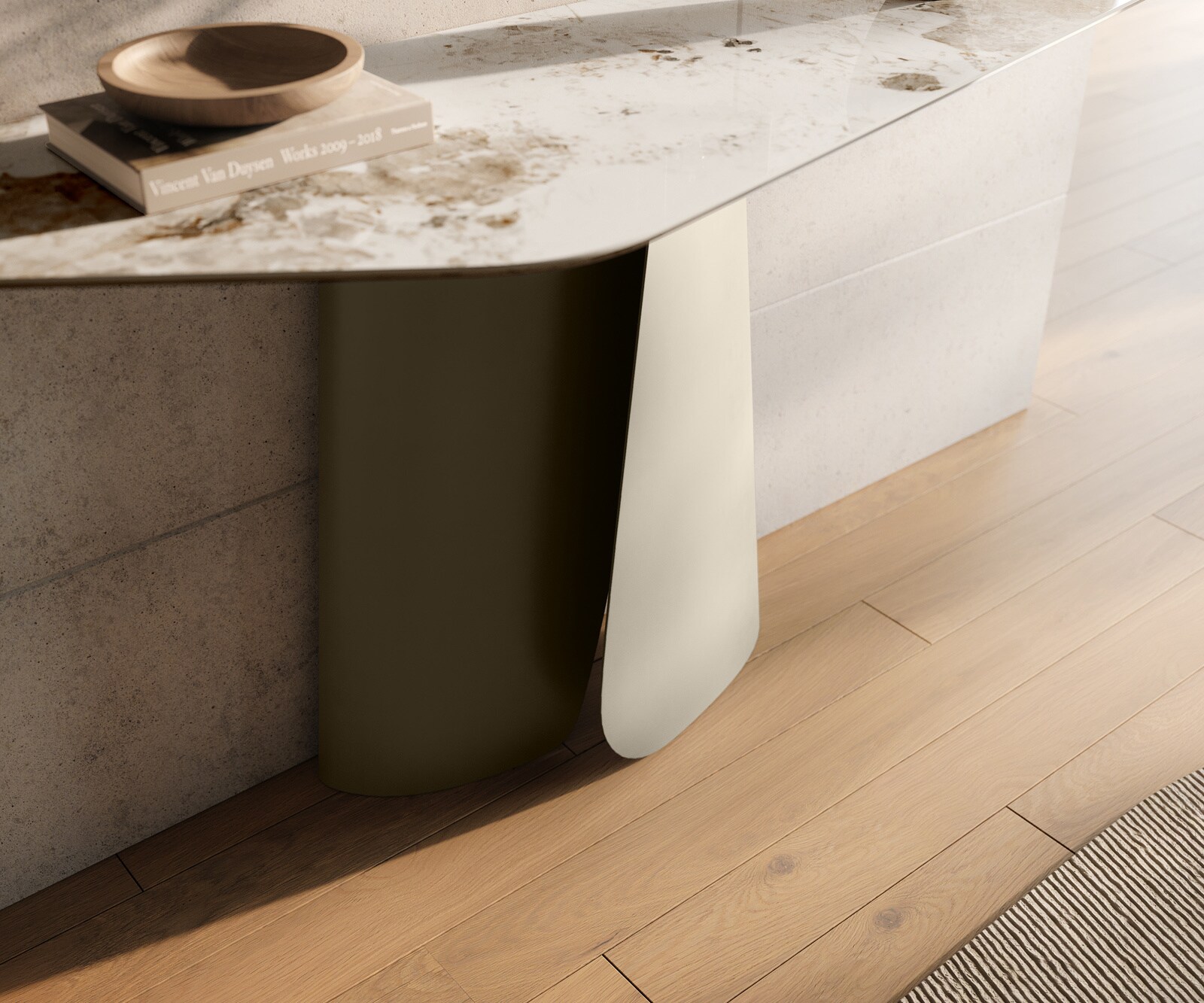 Konsolentisch Edge Polygonal 140x50 cm Keramik Minas Melange Weiß-Beige Livos Metall Effektfinish Titan 6