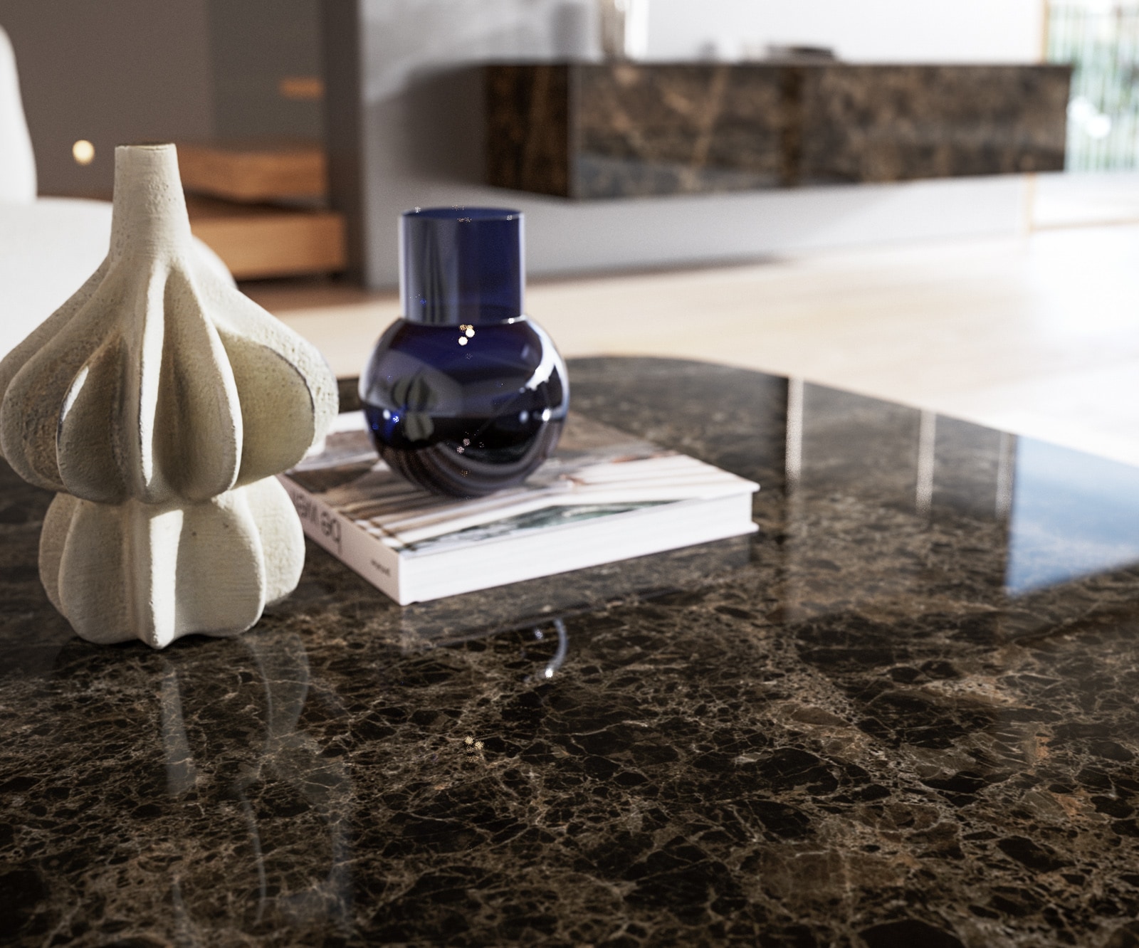 Couchtisch Edge Boot 90x90 cm Keramik Laminam® Emperador Extra Lucidato Dunkelbraun Sarity Edelstahl gebürstet 7