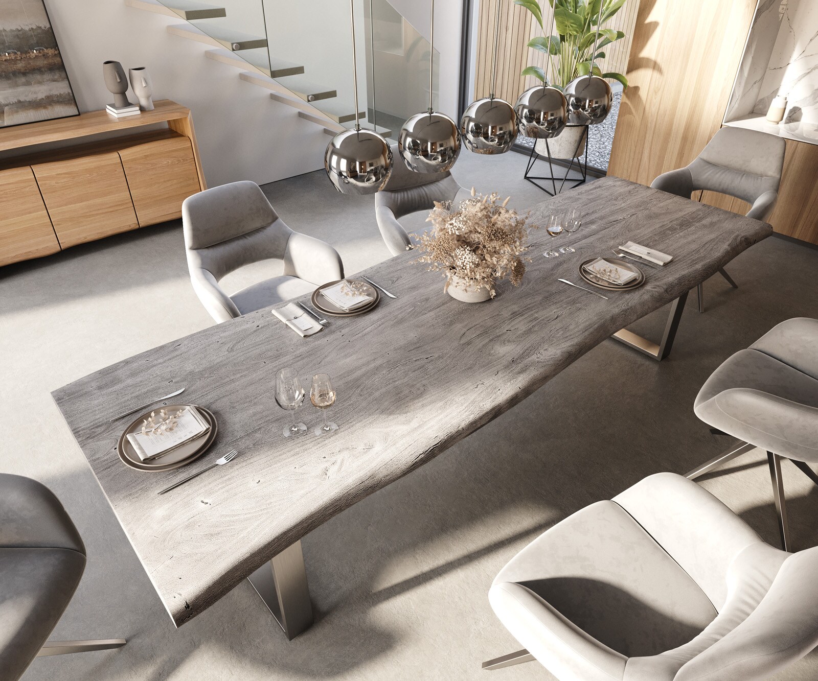 Esstisch Edge 300x100 XL Akazie Platin Edelstahl Schmal Live-Edge 4