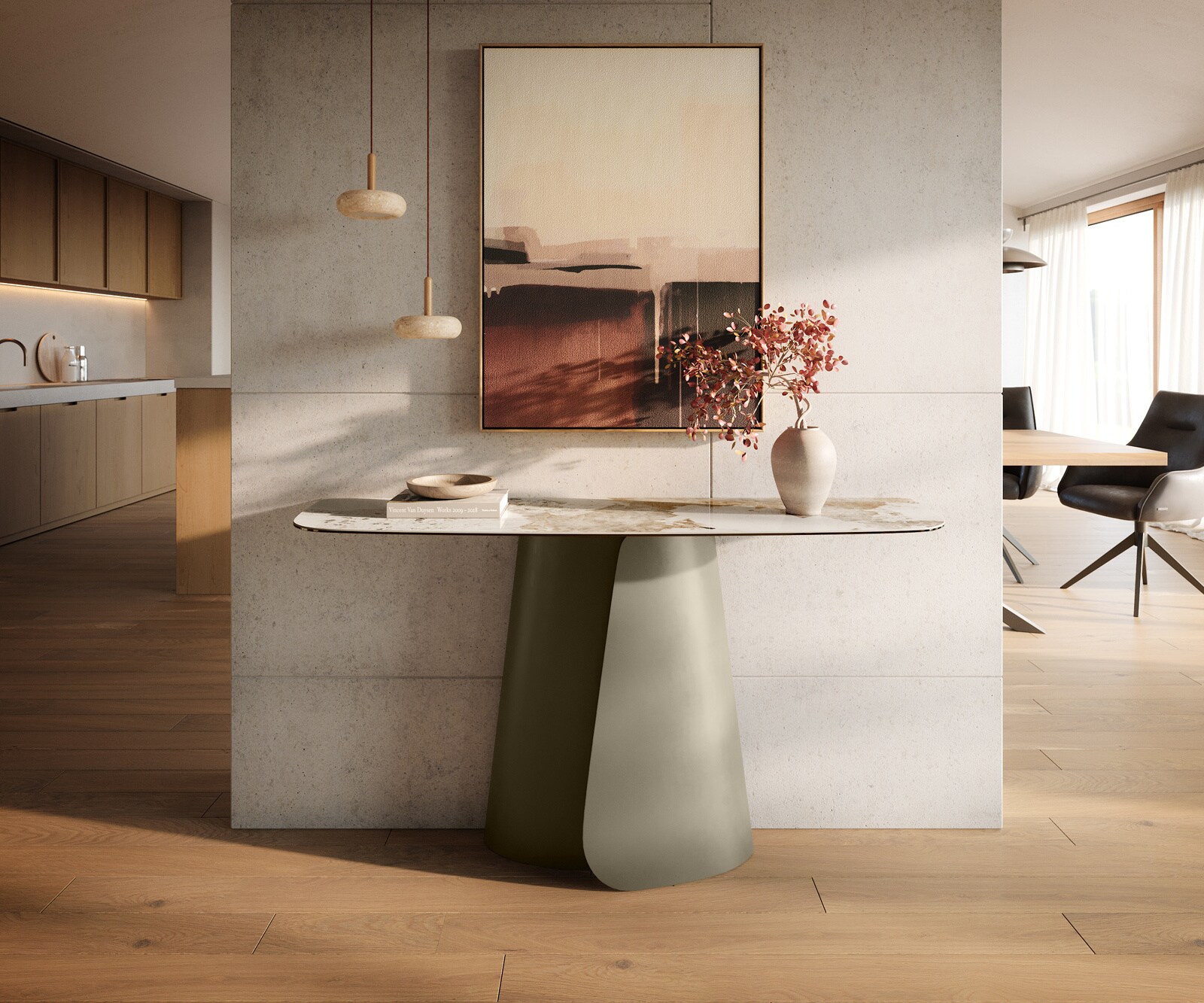 Konsolentisch Edge Boot 140x40 cm Keramik Minas Melange Weiß-Beige Livos Metall Effektfinish Titan 3
