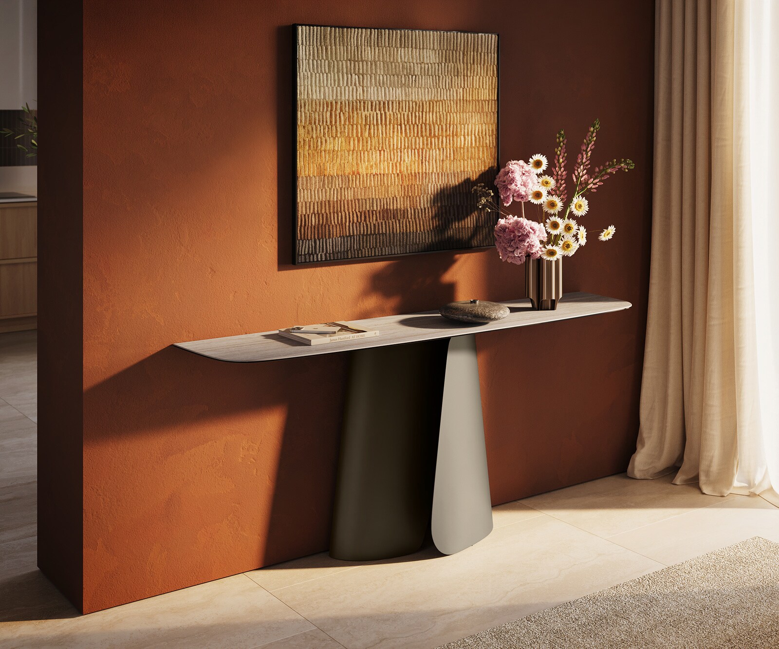 Konsolentisch Edge Boot 180x40 cm Keramik Laminam® Travertino Bianco Creme-Weiß Livos Metall Effektfinish Titan 1