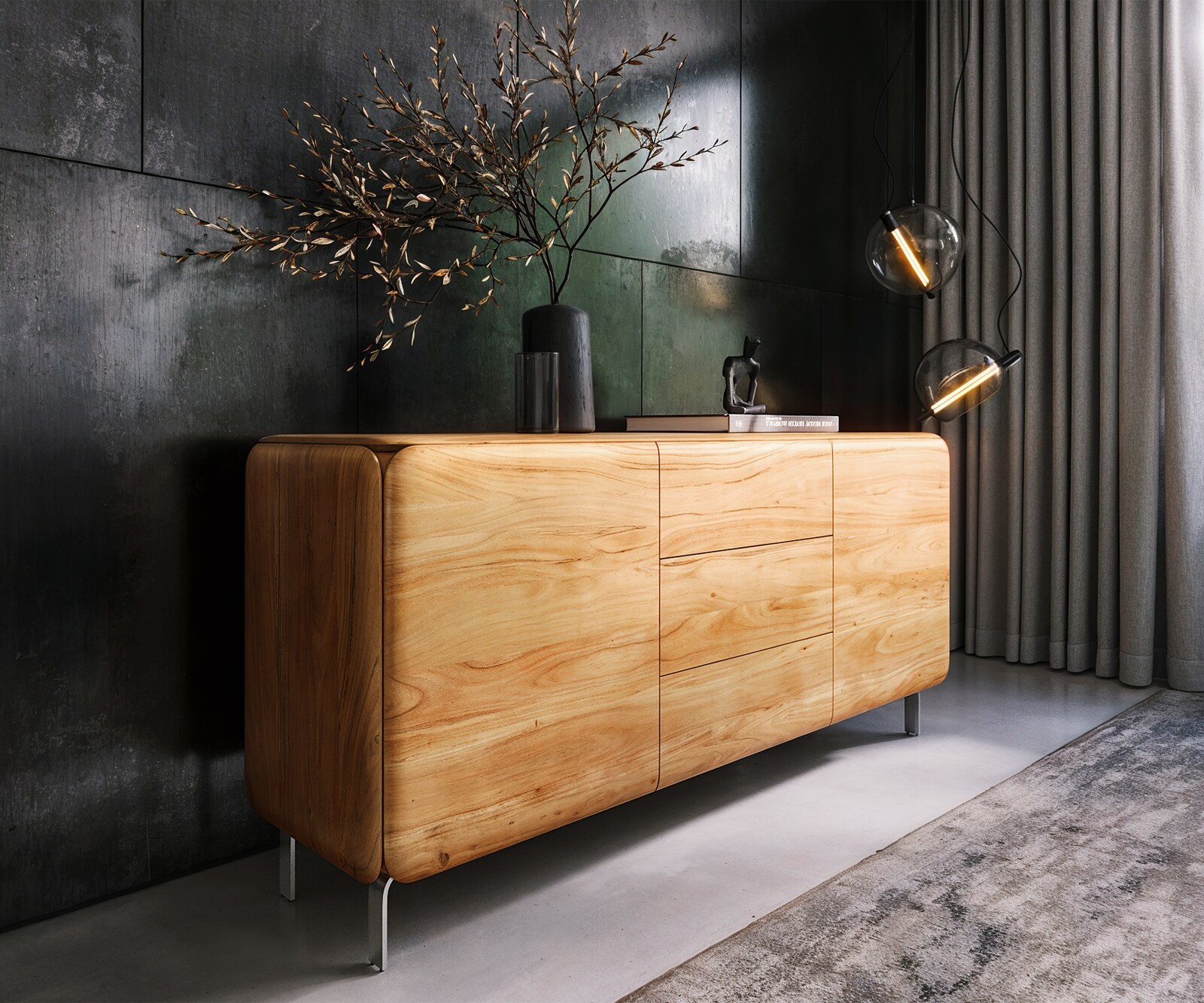 Sideboard Shavani 175 cm Akazie Natur 2 Türen 3 Schubladen L-Fuß Edelstahl Silber 1