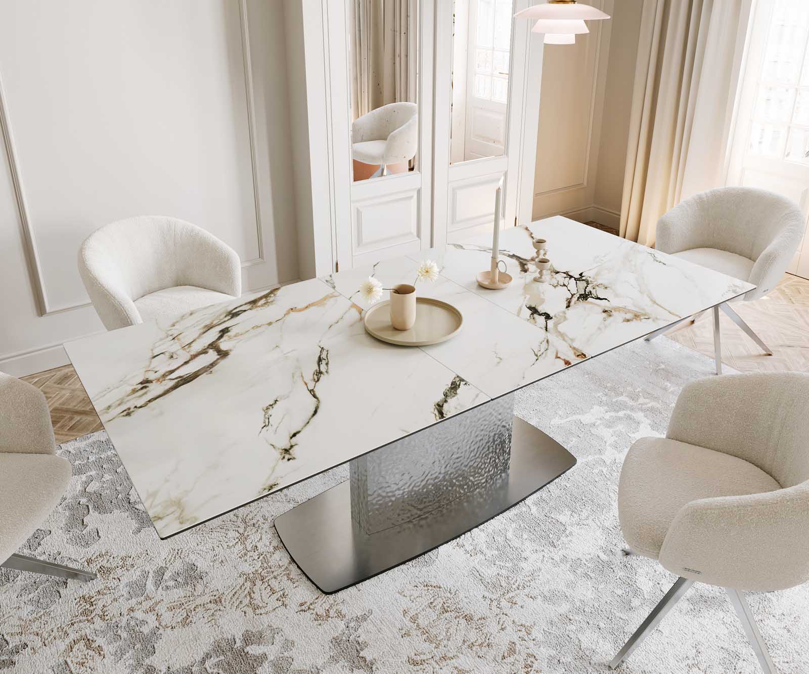 Esstisch Edge 180-220x100 Keramik Calacatta Luxe Weiß-Gold-Grau Wave Edelstahl ausziehbar 6 Esstisch Edge 180-220x100 Keramik Calacatta Luxe Weiß-Gold-Grau Wave Edelstahl ausziehbar 6