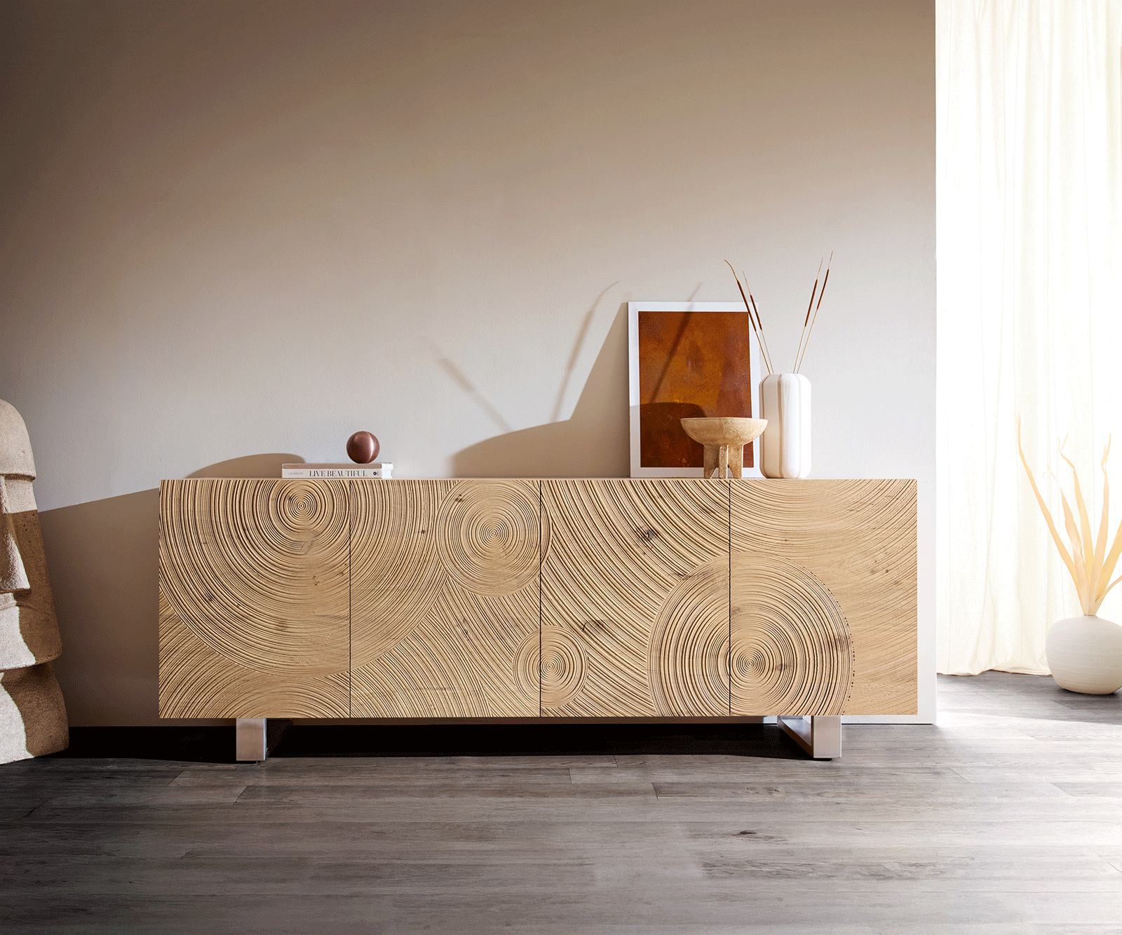 Sideboard Ashara 200 cm Eiche Natur 3D Effekt 4 Türen Kufe Edelstahl gebürstet 3