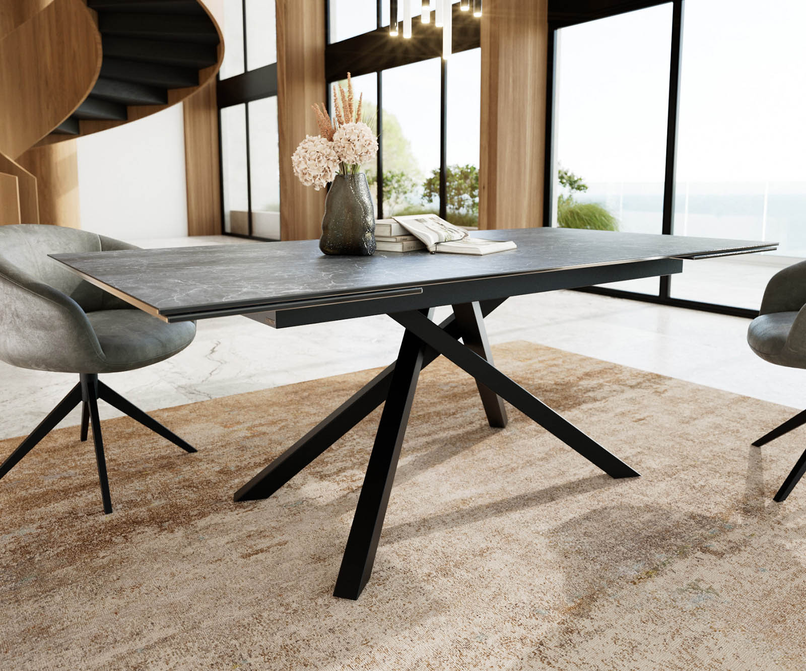 Esstisch Edge 200-300x100 Keramik Laminam®Nero Greco Anthrazit Kreuzgestell Rechteck Schwarz ausziehbar 4