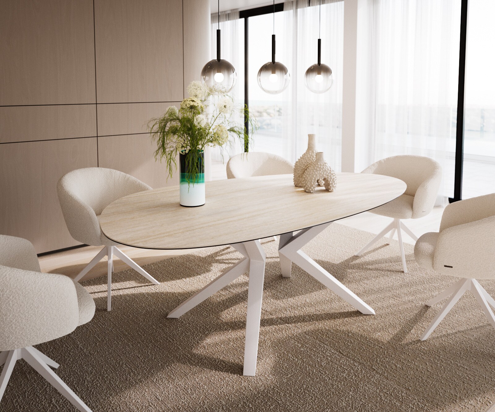 Esstisch Edge Oval 220x120 Keramik Laminam®Travertino Bianco Creme-Weiß​ Zenthara kantig Metall Weiß