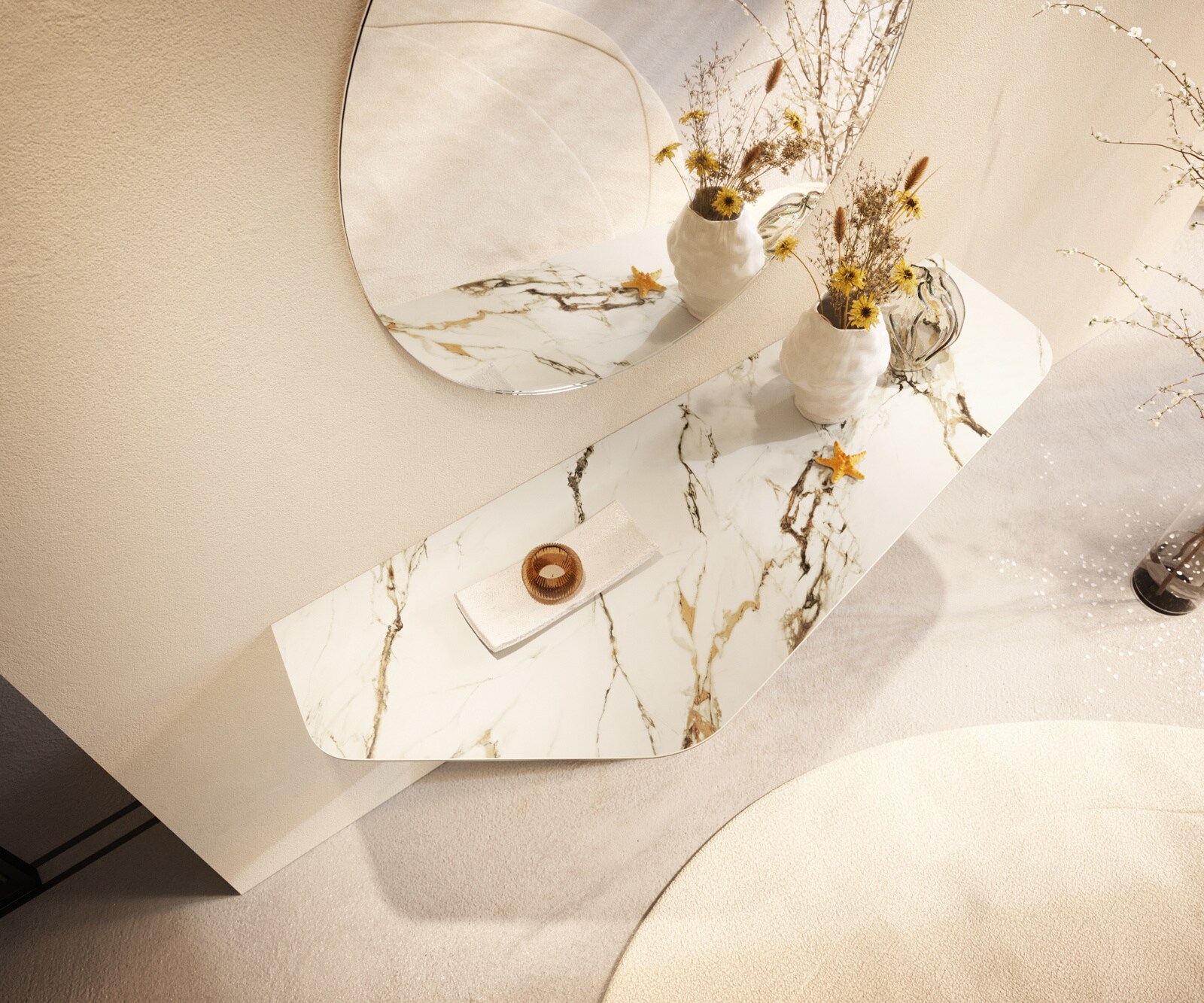 Konsolentisch Edge Polygonal 140x50 cm Keramik Calacatta Luxe Weiß-Gold-Grau Livos Metall Effektfinish Titan 1