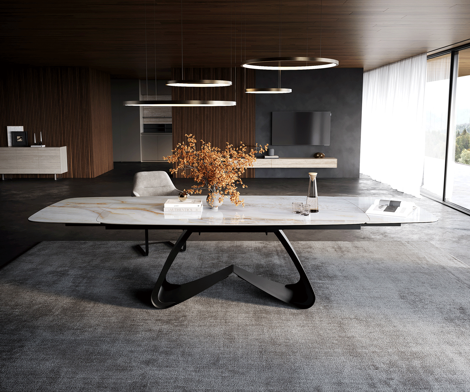 Esstisch Edge Boot 200-300x120 cm Keramik Onyx Pearl W-Gestell Metall Schwarz ausziehbar 2