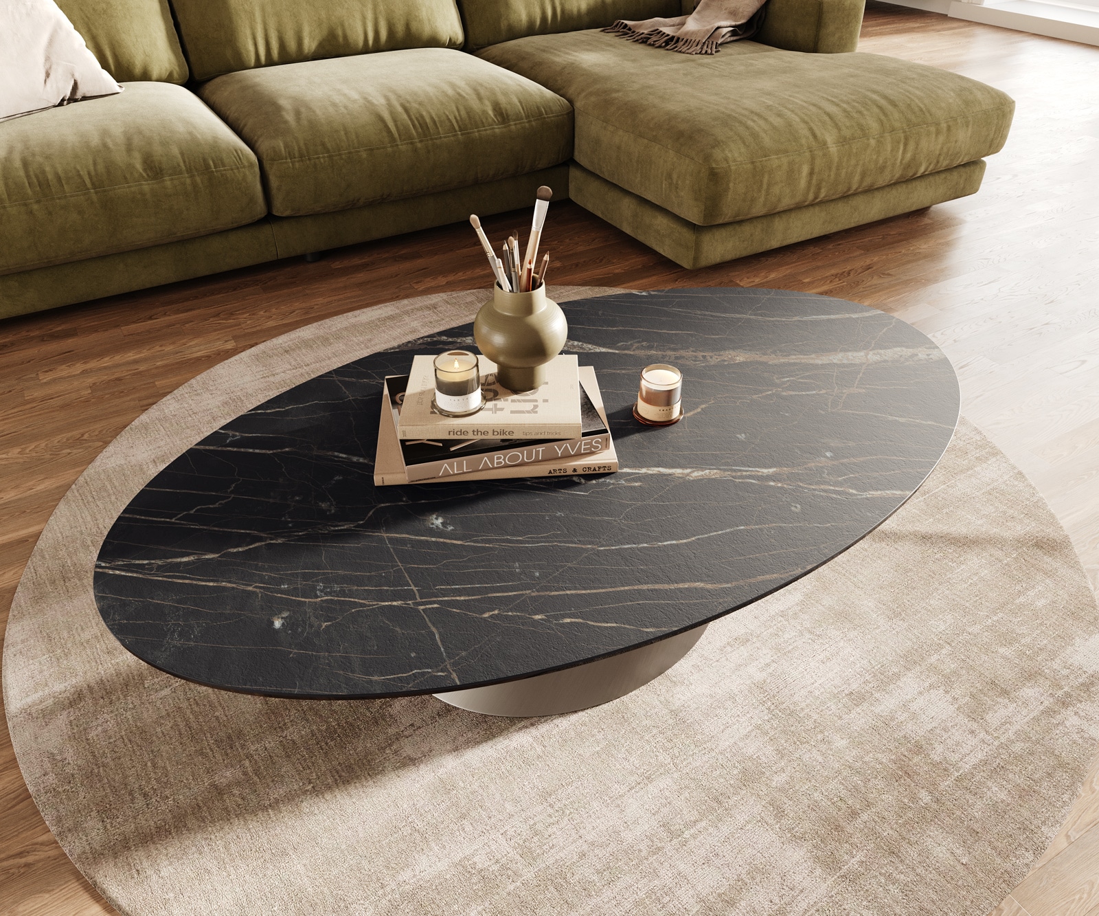 Couchtisch Edge Oval 140x80 cm Keramik Laminam® Noir Desir Braun Conis Edelstahl gebürstet 4