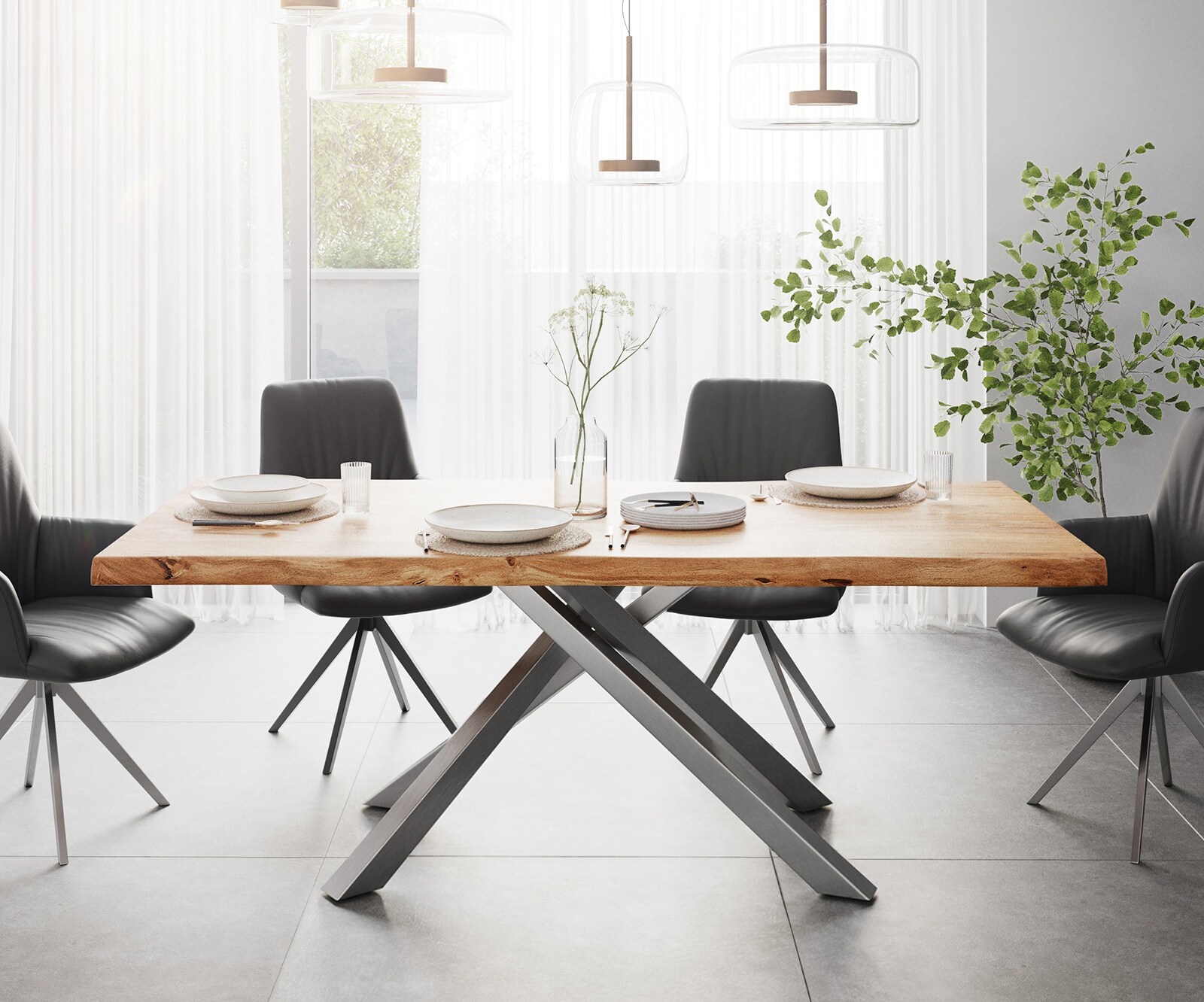 Esstisch Edge 200x100 XL Akazie Natur Kreuzgestell Rechteck Edelstahl Live-Edge 1