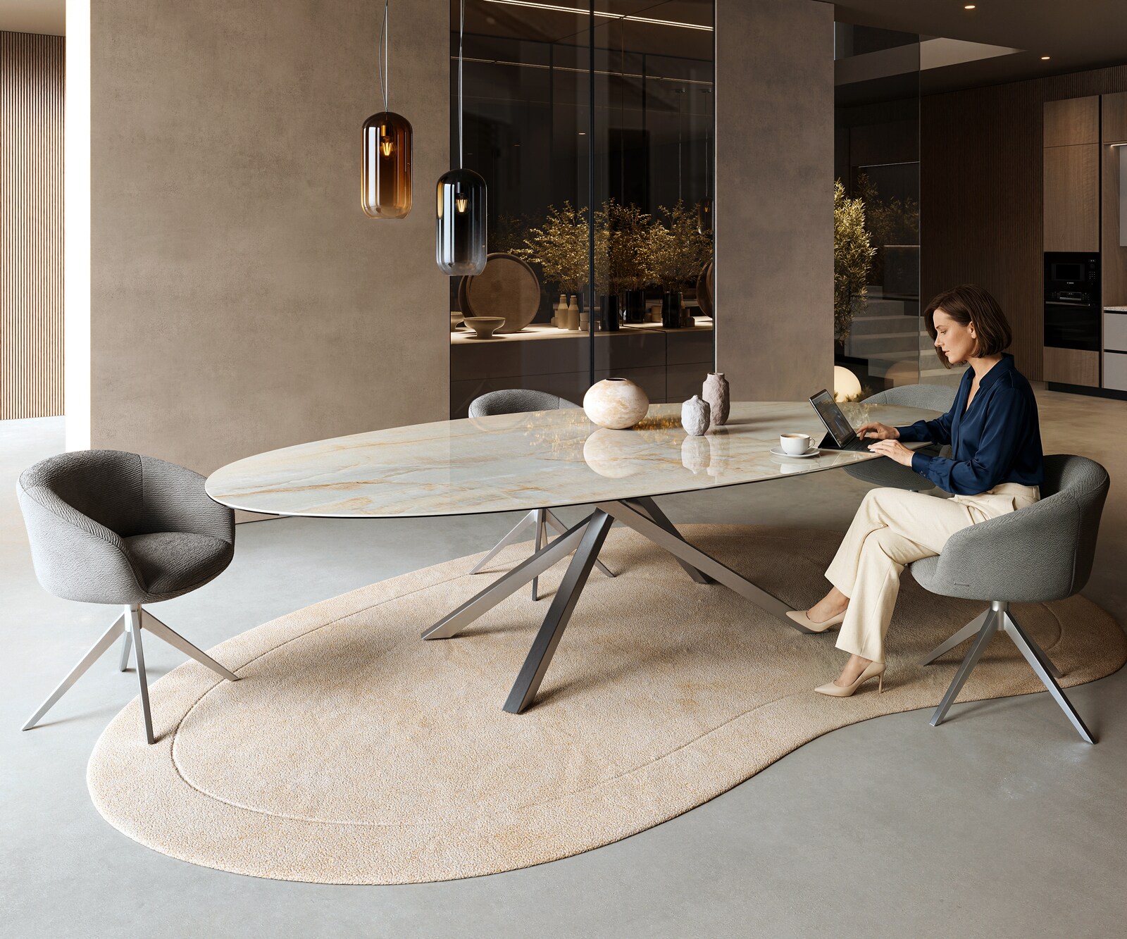 Esstisch Edge Oval 315x150 cm Keramik Iris FMG Onice Oro Kreuzgestell Rechteck Edelstahl 6