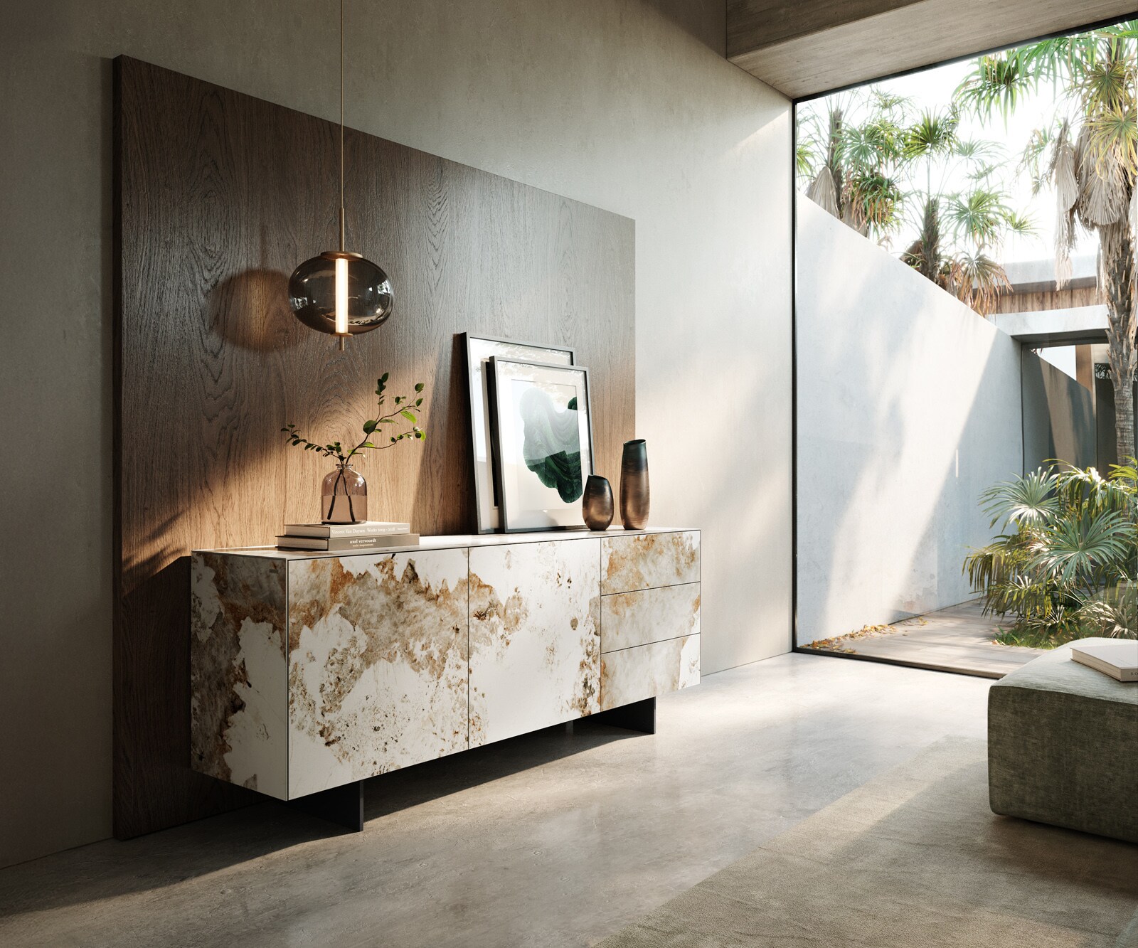 Sideboard Cuor 180 cm Keramik Minas Melange Weiß-Beige 2 Türen 3 Schubfächer Fuß Schwebeoptik Metall Schwarz