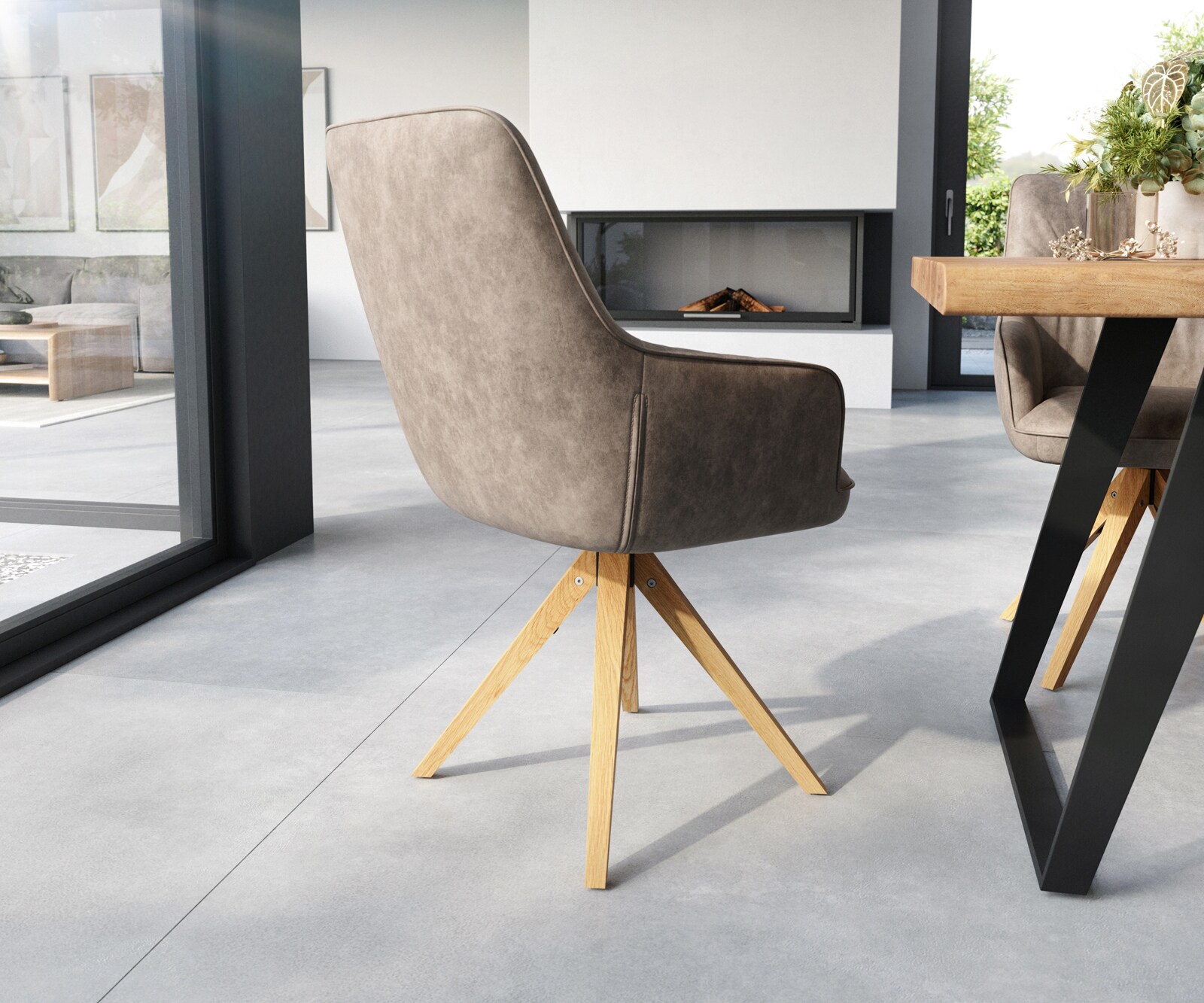Esszimmerstuhl Zelia-Flex mit Armlehnen Mikrofaser Taupe Vintage Holzgestell kantig Natur Taschenfederkern 4