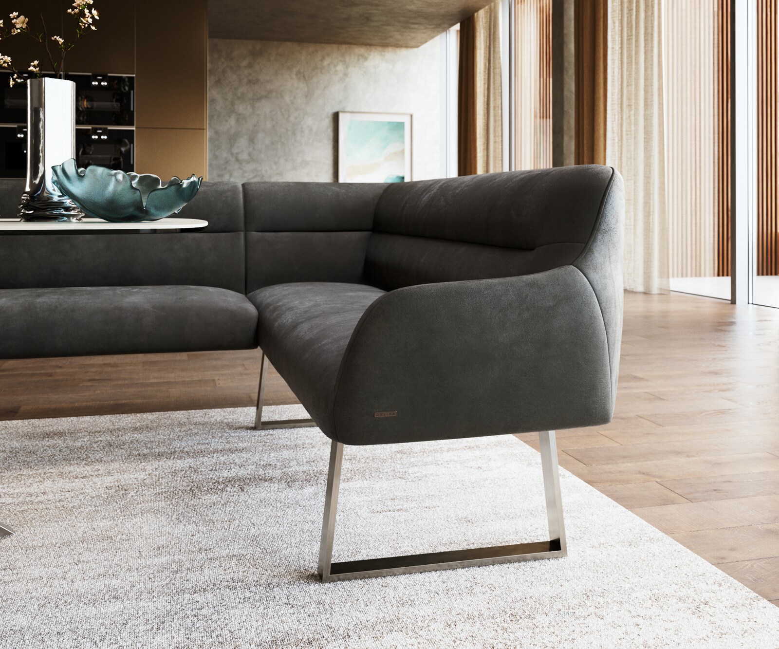 Esszimmerbank Taya-Flex 285x190 cm Mikrofaser Anthrazit Vintage Kufengestell kantig Edelstahl Taschenfederkern Links 5