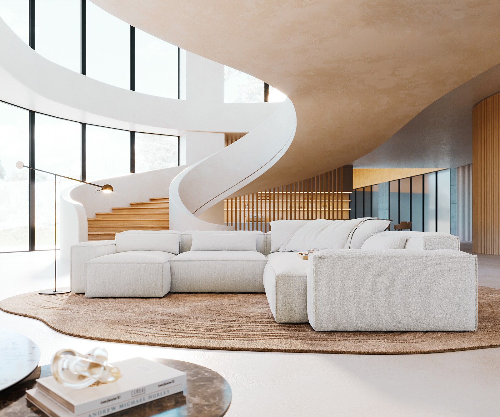 Wohnlandschaft Freestyle 360x290 cm Bouclé Soft Beige Kedernaht 1