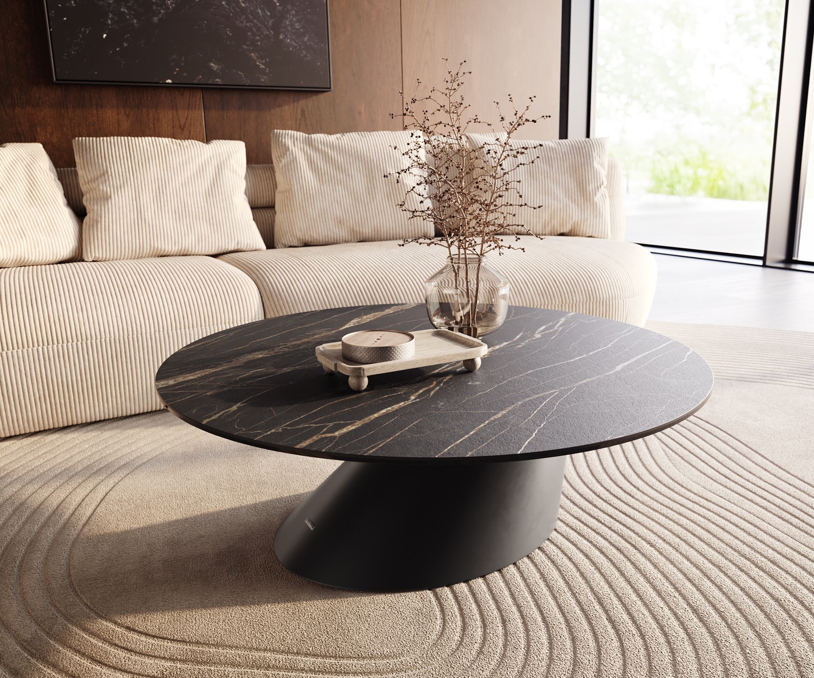 Couchtisch Edge Rund 100x100 cm Keramik Laminam® Noir Desir Braun Conis Metall Schwarz
