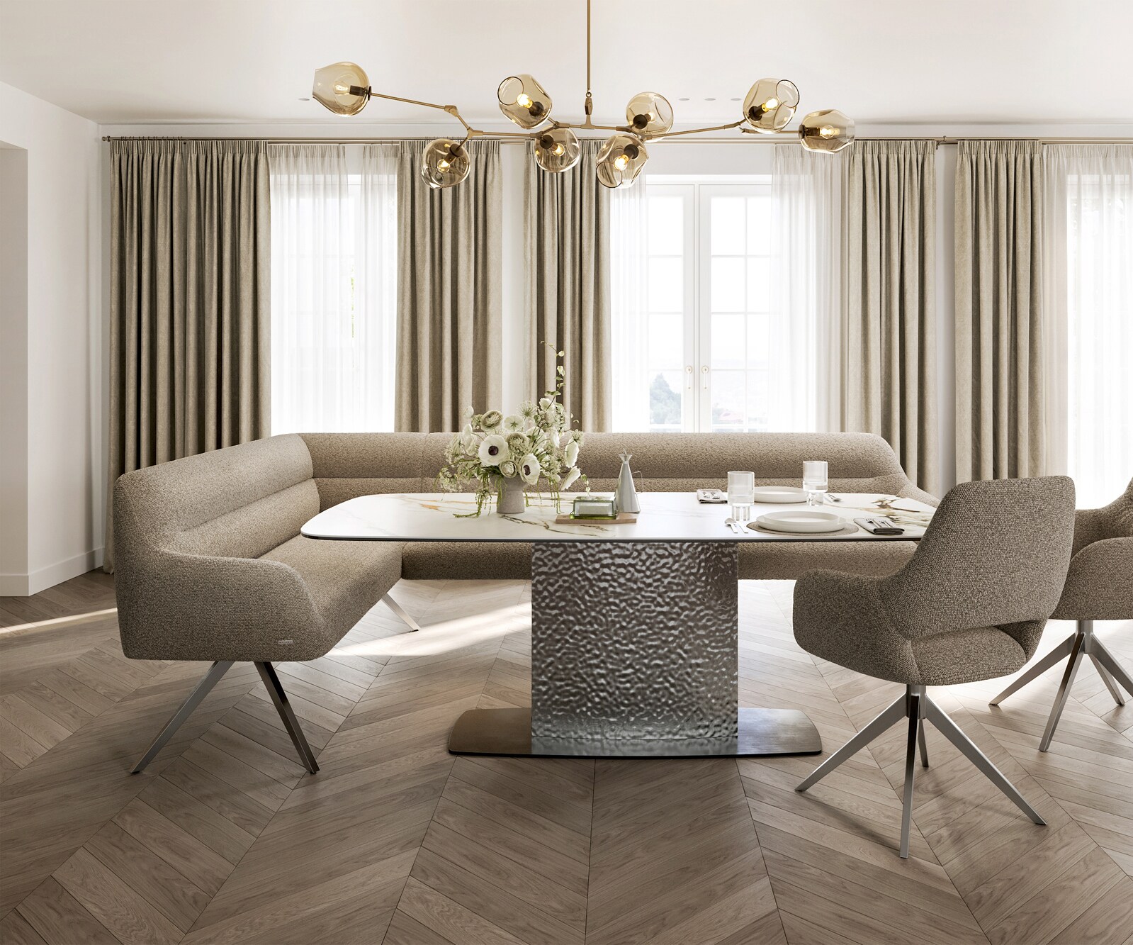 Esszimmerbank Taya-Flex 285x190 cm Bouclé Schlamm Kreuzgestell kantig Edelstahl Taschenfederkern Rechts 2