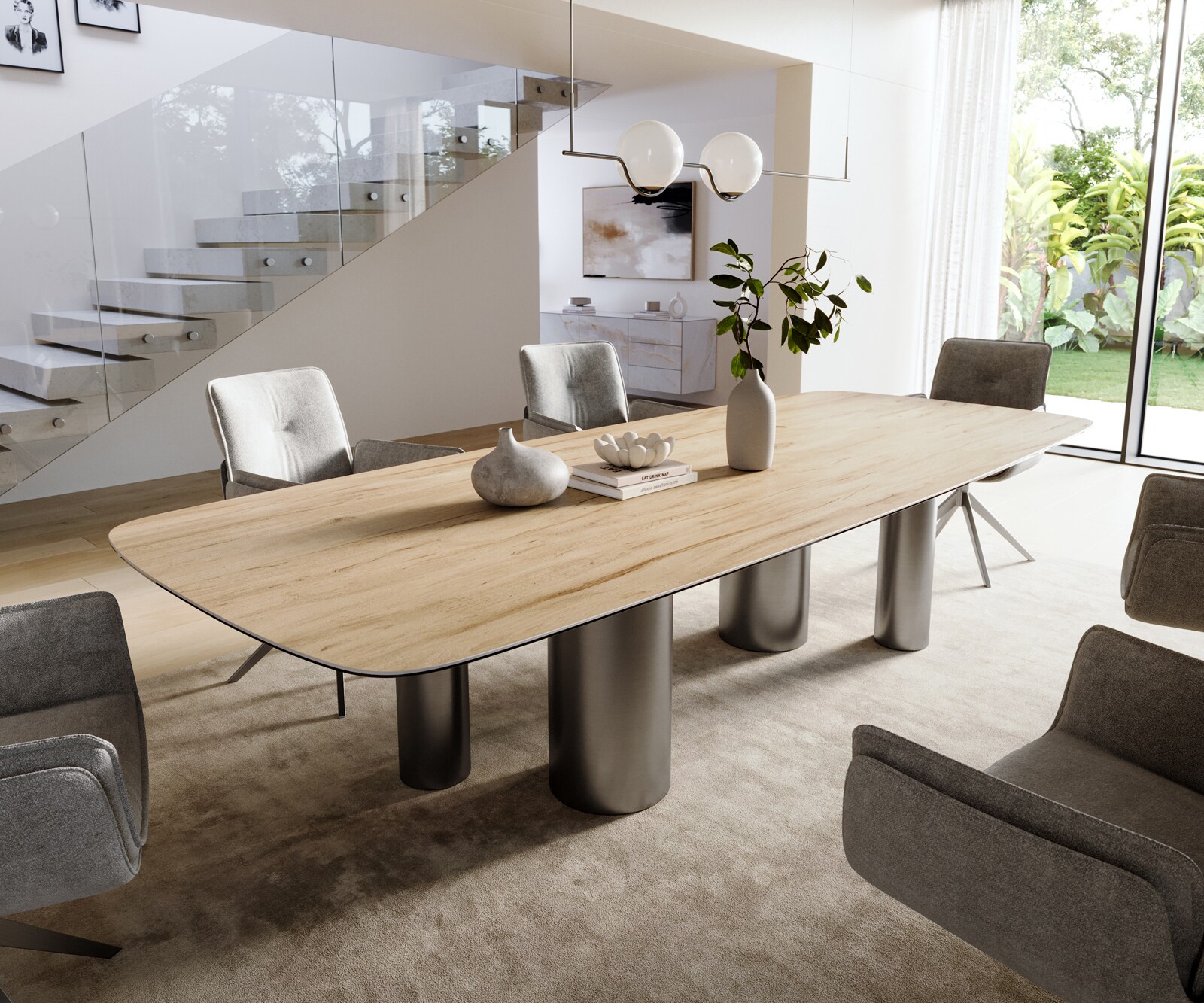 Esstisch Edge Boot 300x120 cm Keramik Laminam® Sabbia Eichefarbig Pilier Edelstahl Graphit 1