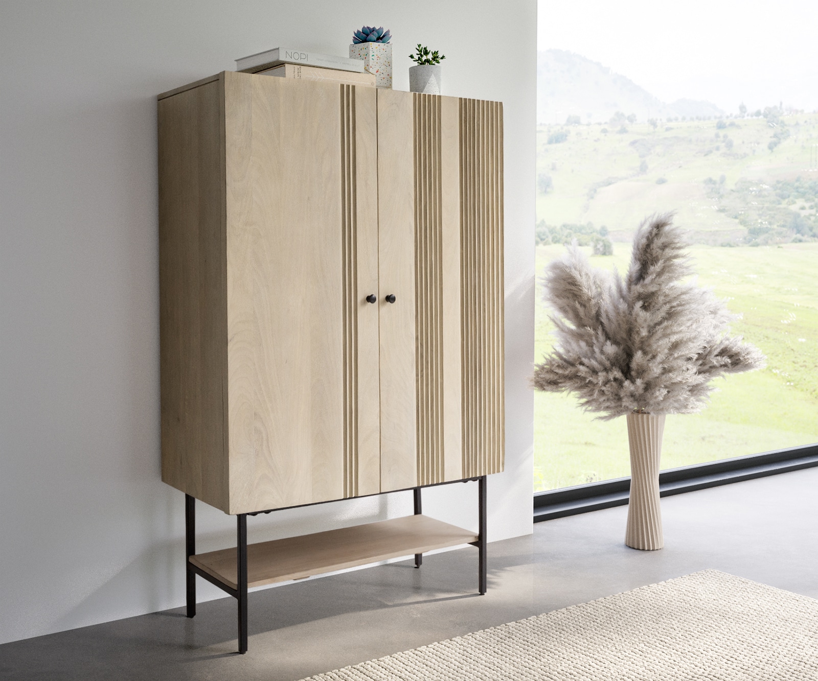 Highboard Nestos 90x140 cm Mango White Wash Metall Schwarz 2 Türen 1 Highboard Nestos 90x140 cm Mango White Wash Metall Schwarz 2 Türen 1
