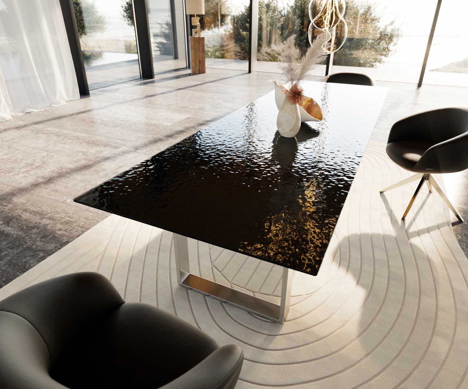 Esstisch Edge 300x100 Reliefglas Rauchschwarz 3D-Design Edelstahl Schmal 6