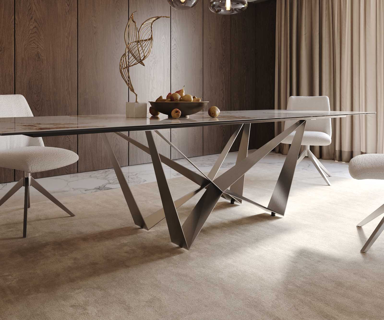 Esstisch Edge 300x100 Keramik Minas Melange Weiß-Beige Spider Flachstahl Edelstahl 7