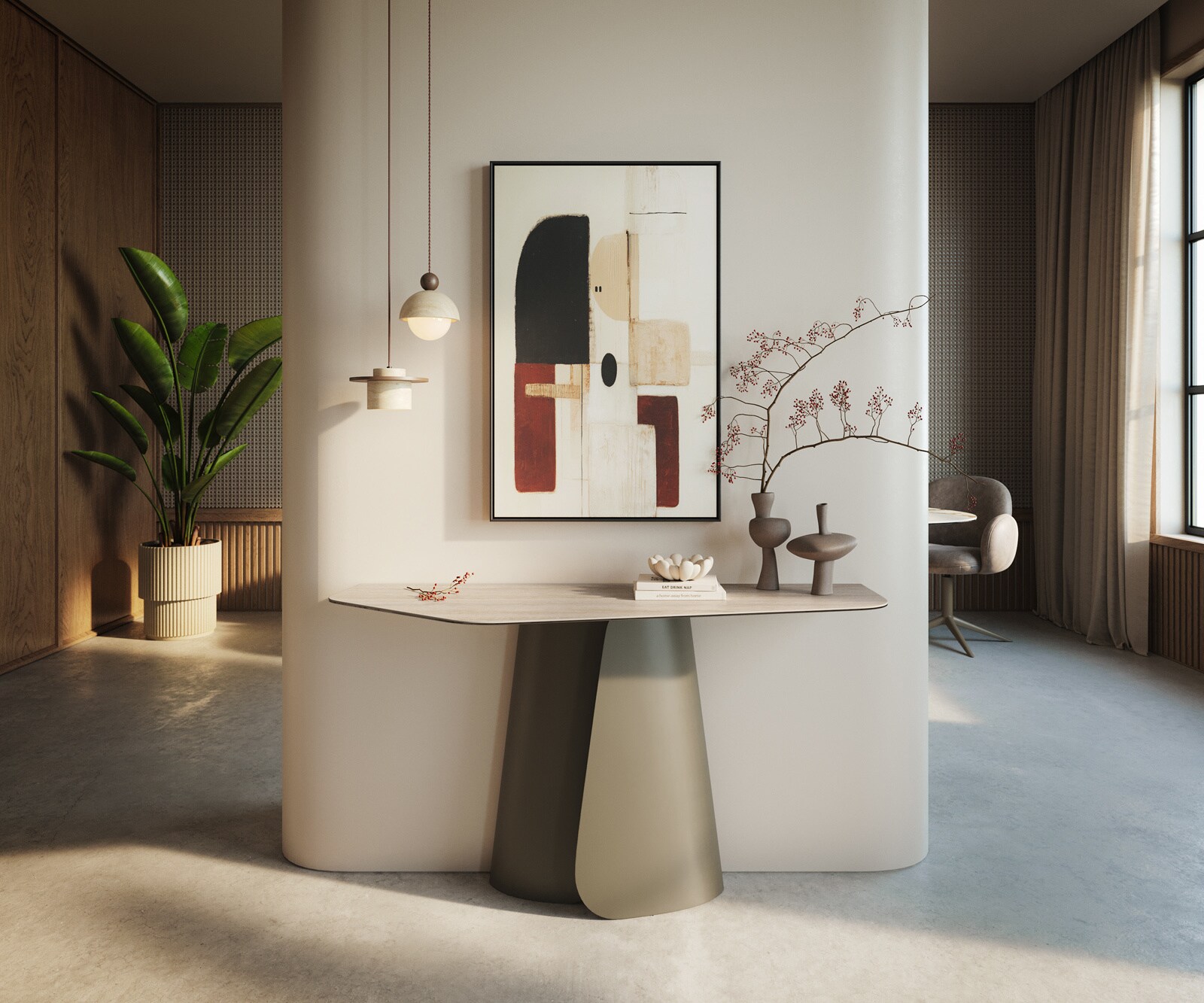 Konsolentisch Edge Polygonal 140x50 cm Keramik Laminam® Travertino Bianco Creme-Weiß Livos Metall Effektfinish Titan 3