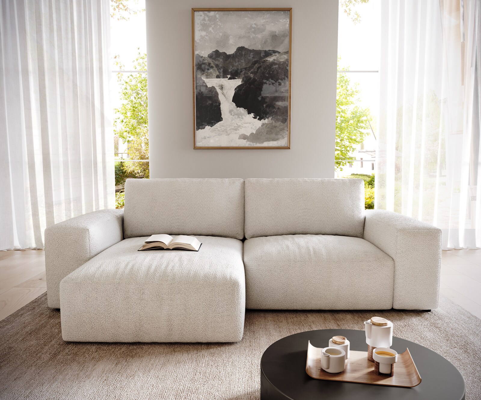 Ecksofa Lanzo 230x155 cm Bouclé Creme-Weiß Recamiere variabel 1