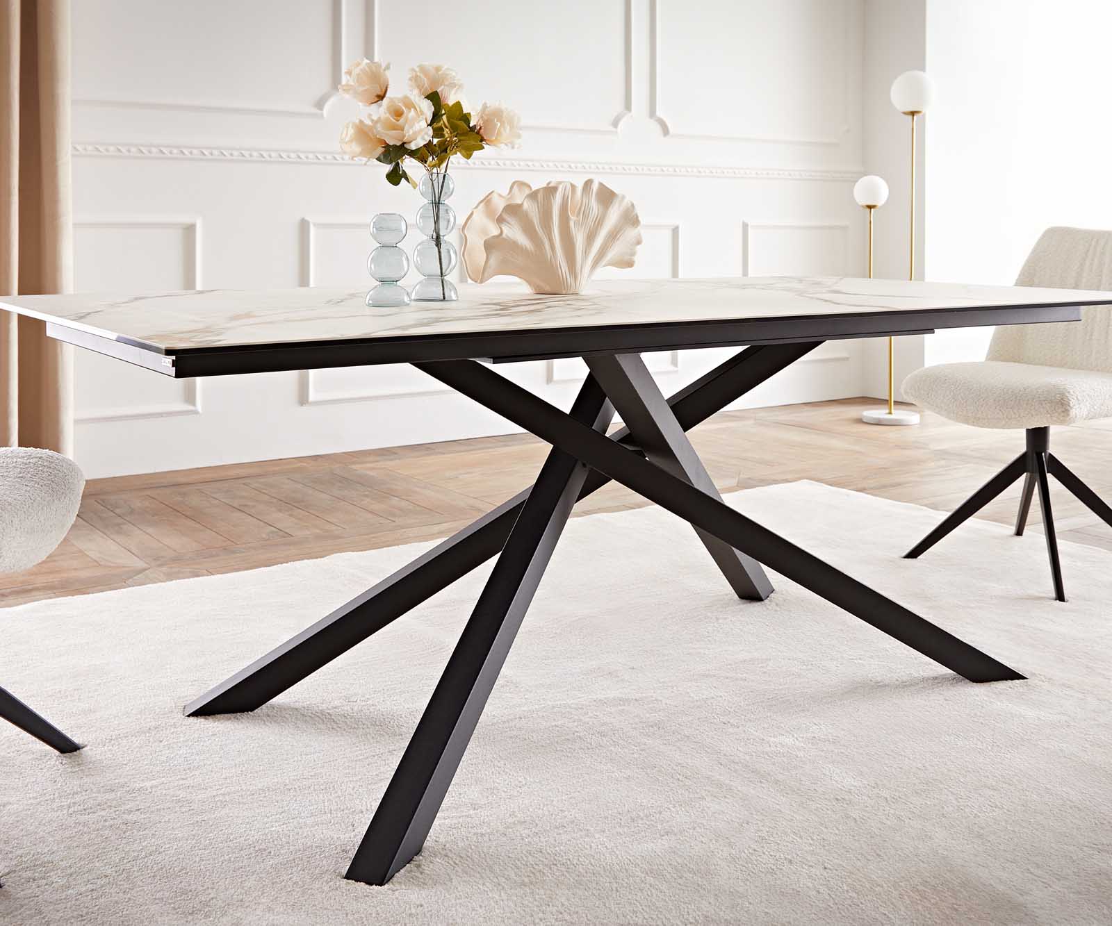 Esstisch Edge 200x100 Keramik Calacatta Luxe Weiß-Gold-Grau Kreuzgestell Rechteck Schwarz 6