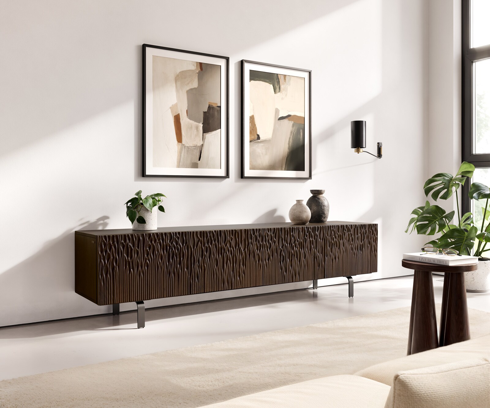 Lowboard Follia 200 cm Mango Braun 4 Türen L-Fuß Metall Schwarz