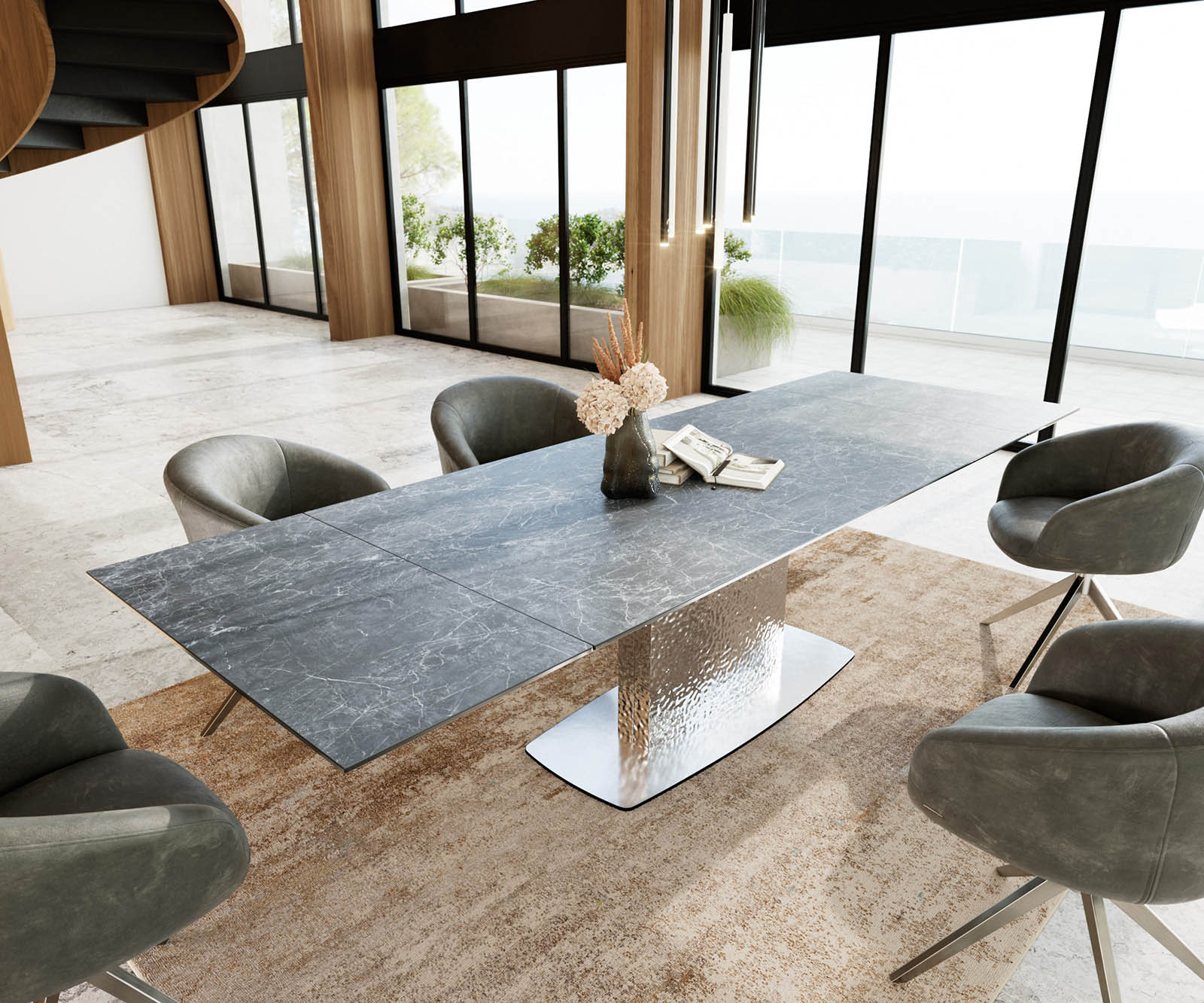 Esstisch Edge 200-300x100 Keramik Laminam®Nero Greco Anthrazit Wave Edelstahl ausziehbar 1