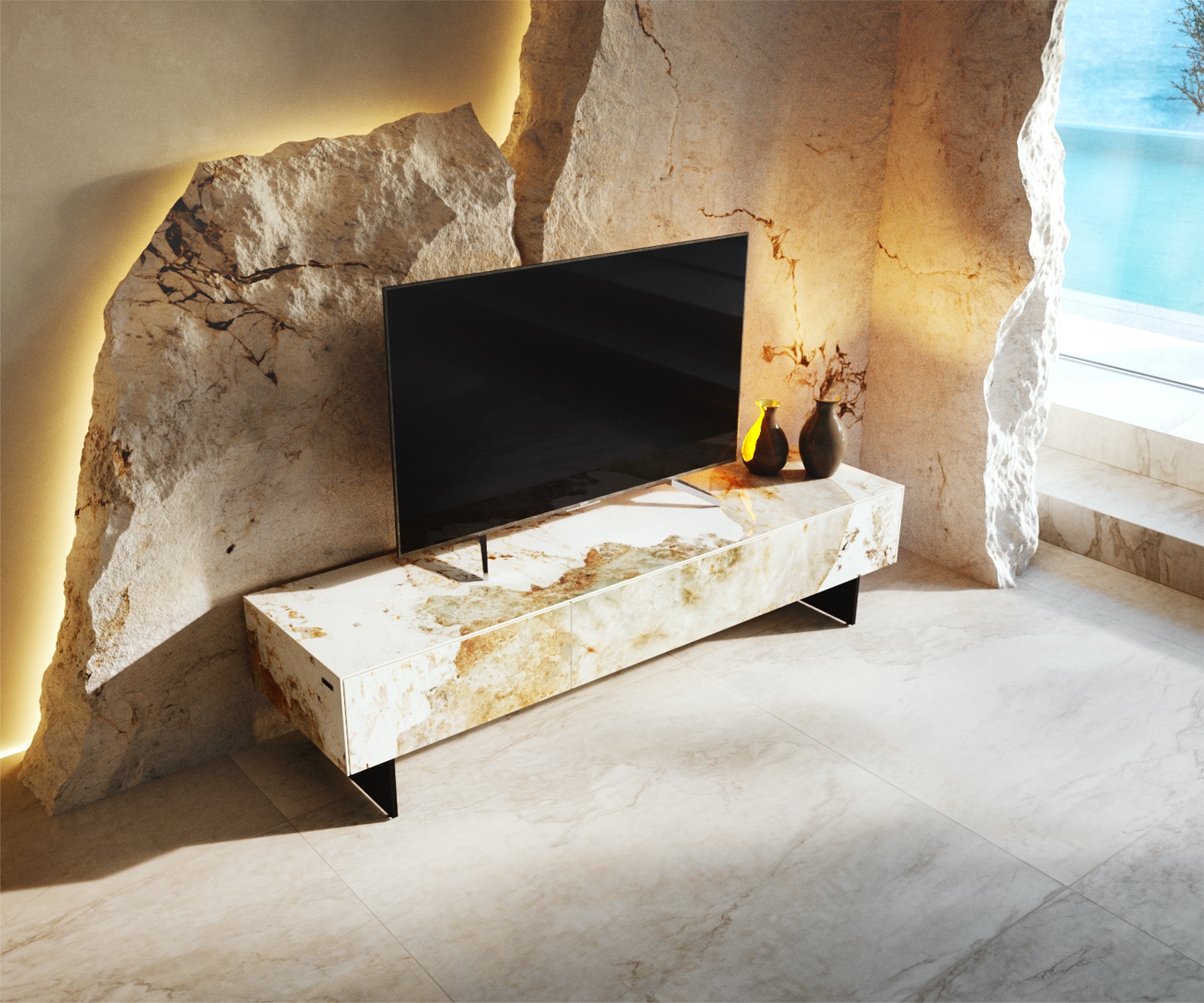 Lowboard Cuor 150 cm Keramik Minas Melange Weiß-Beige 1 Klappe 1 Schubfach Fuß Schwebeoptik Metall Schwarz 3 Lowboard Cuor 150 cm Keramik Minas Melange Weiß-Beige 1 Klappe 1 Schubfach Fuß Schwebeoptik Metall Schwarz 3