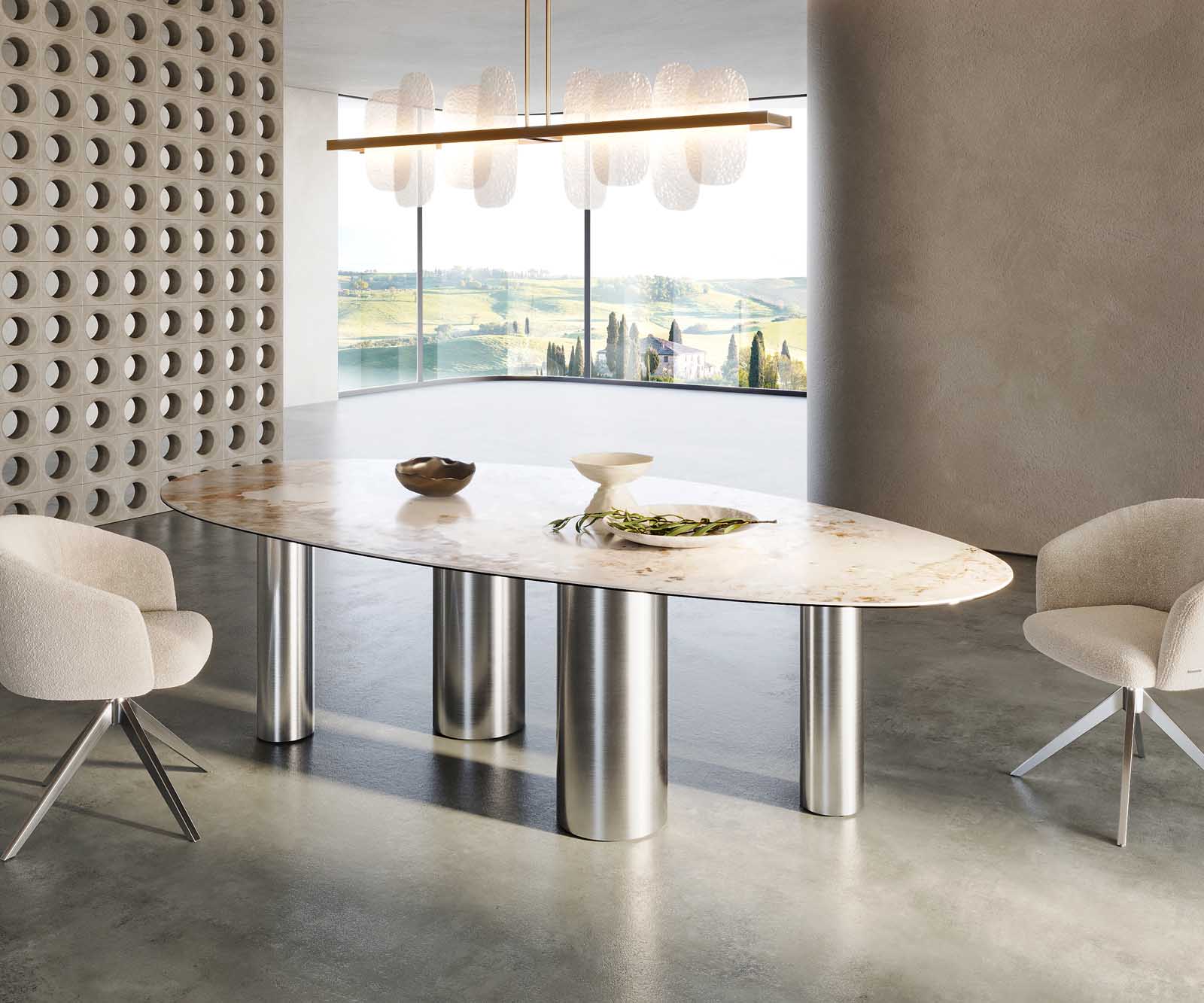 Esstisch Edge Oval 280x130 Keramik Minas Melange Weiß-Beige Pilier Edelstahl 6