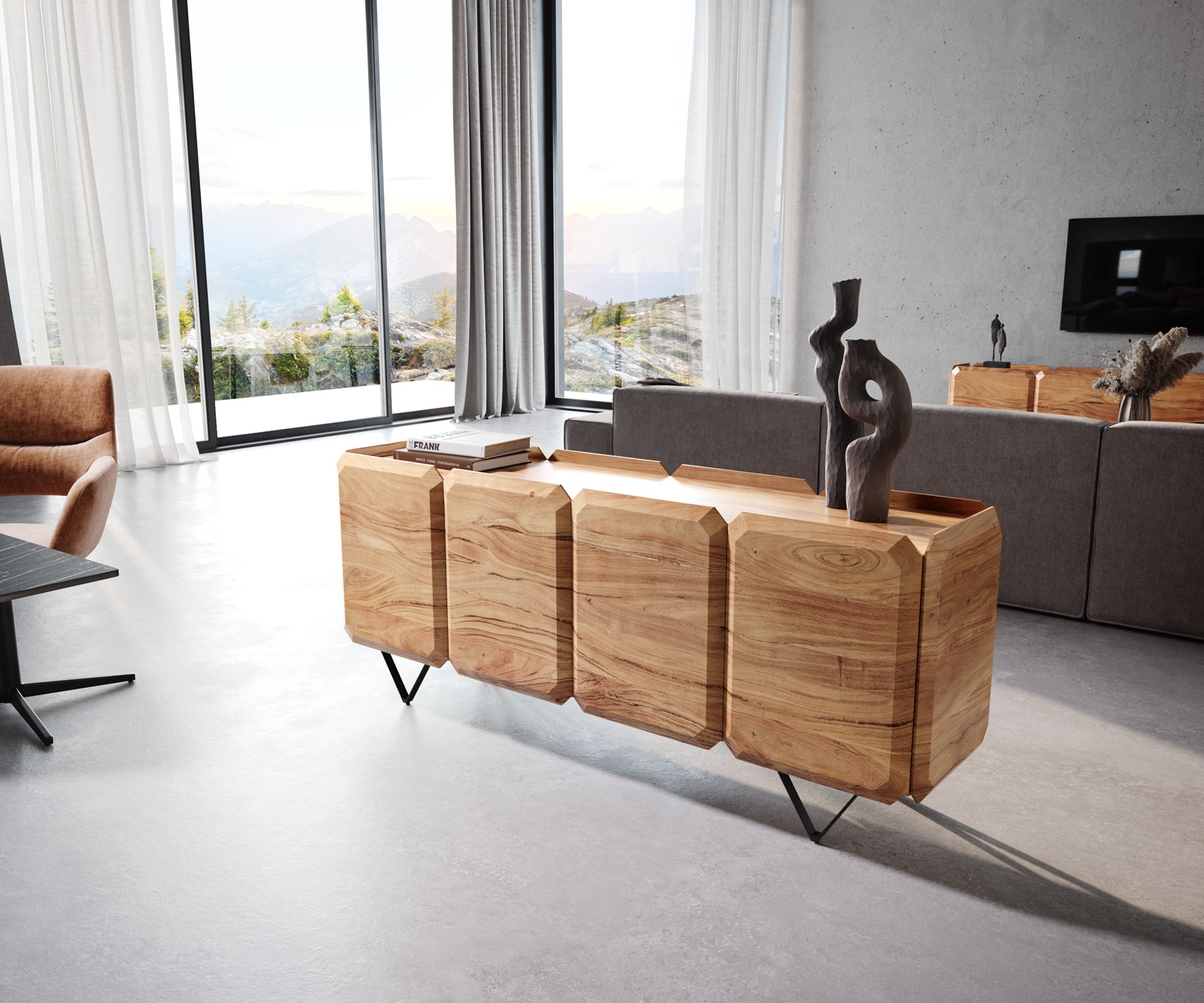 Sideboard Kiano 175 cm Akazie Natur 4 Türen V-Fuß Schwarz Raumteiler