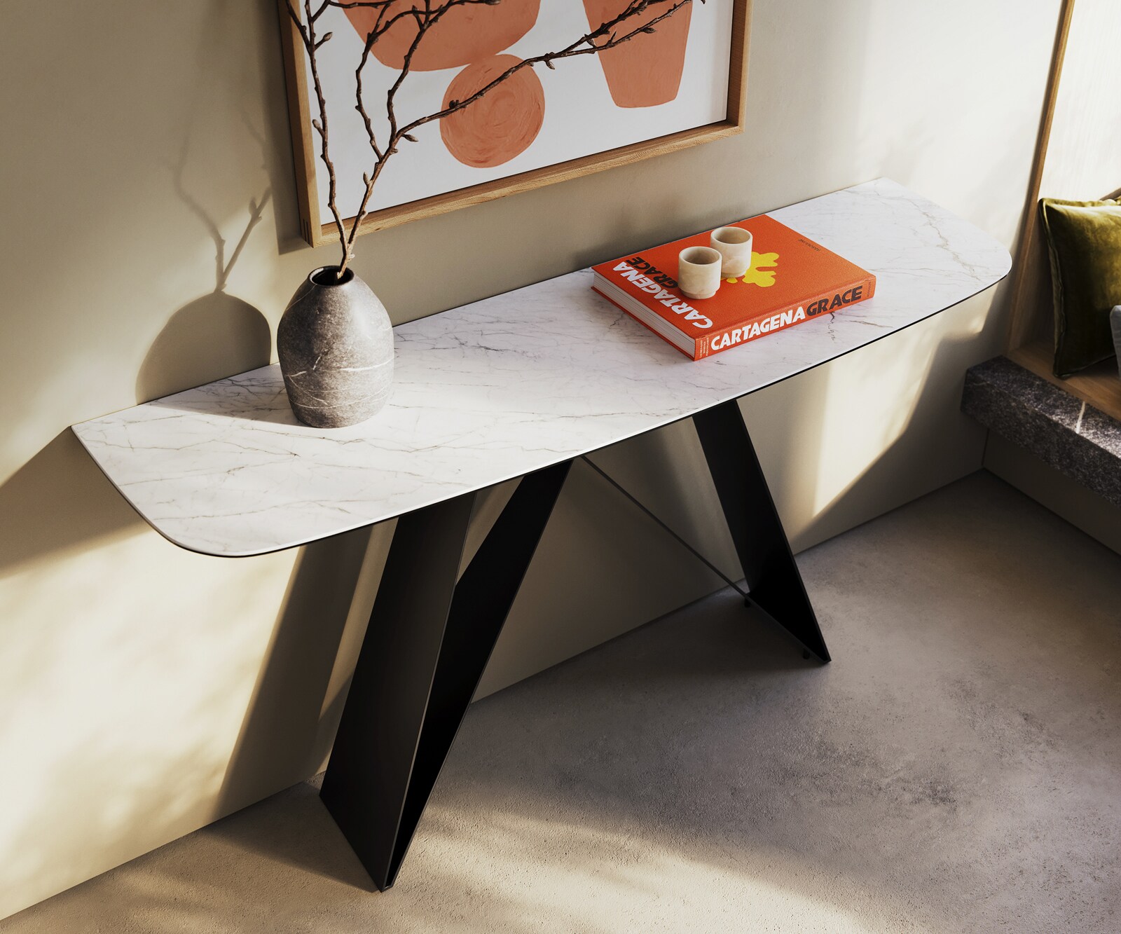 Konsolentisch Edge Boot 140x40 cm Keramik Laminam® Statuarietto Weiß Velio Metall Schwarz 1