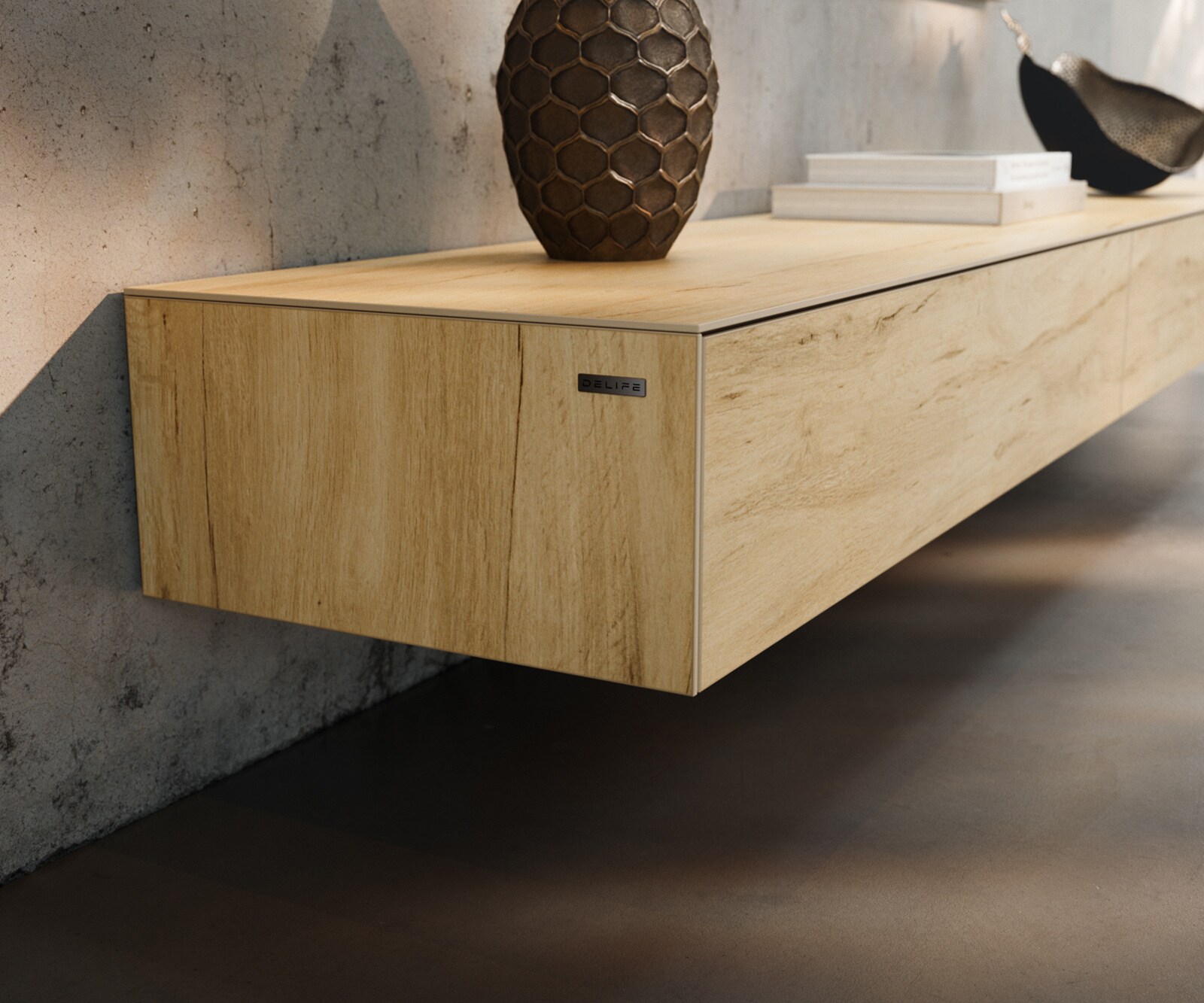 Lowboard Cuor 250 cm Keramik Laminam® Sabbia Eichefarbig 1 Klappe 1 Schubfach Fuß Schwebeoptik Acrylglas 6