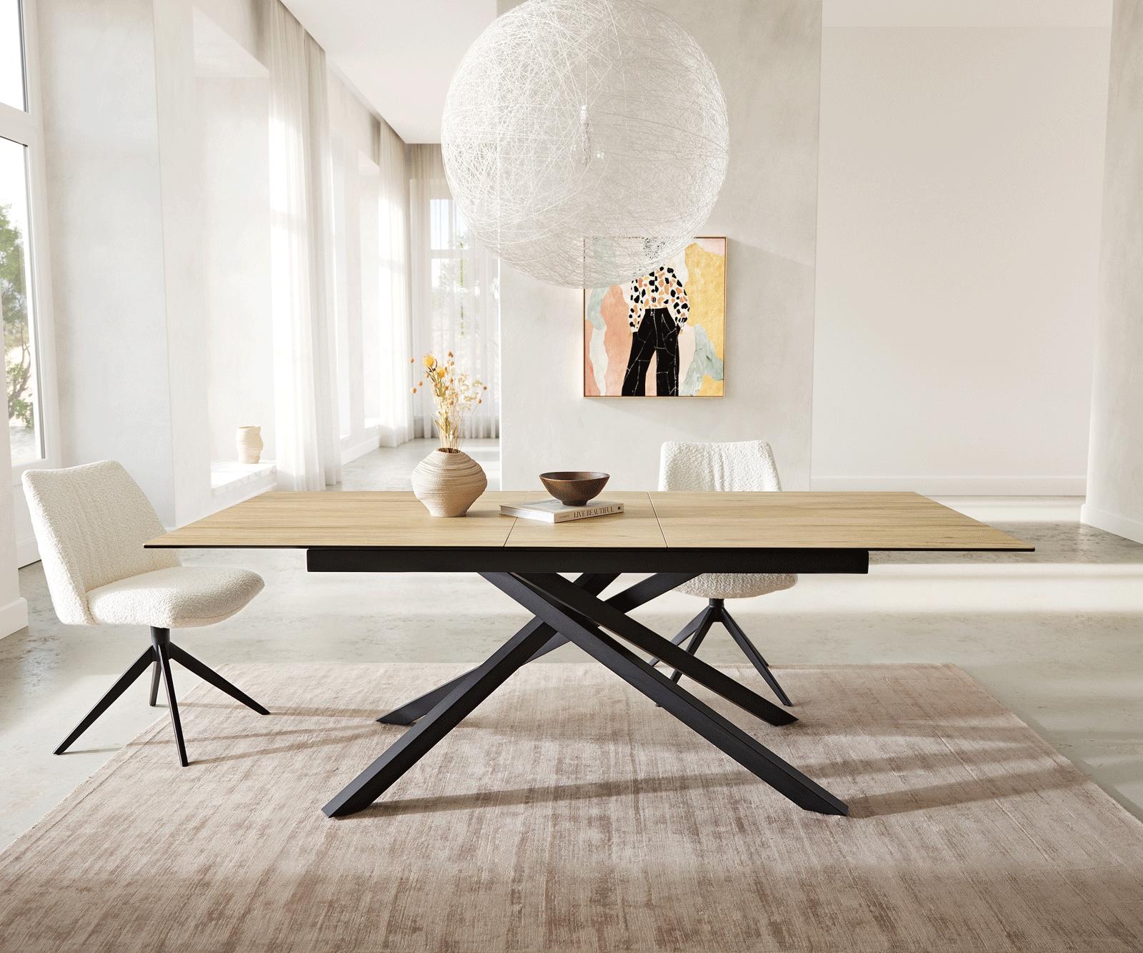 Esstisch Edge 180-220x100 Keramik Laminam® Sabbia Eichefarbig Kreuzgestell Rechteck Schwarz ausziehbar 5