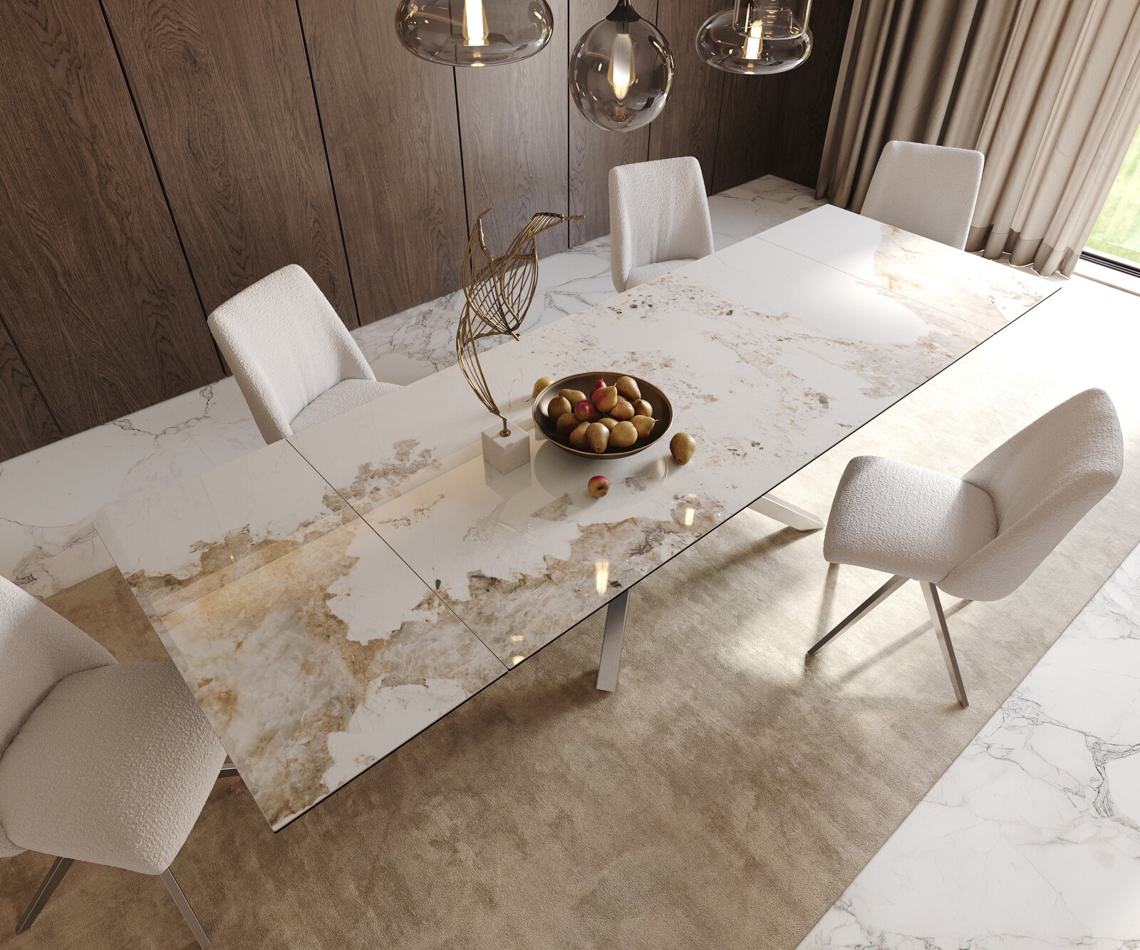 Esstisch Edge 200-300x100 Keramik Minas Melange Weiß-Beige Kreuzgestell Rechteck Edelstahl ausziehbar 5