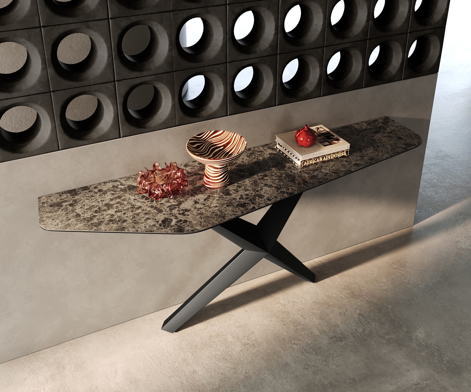 Konsolentisch Edge Polygonal 180x50 cm Keramik Emperador Extra Lucidato Dunkelbraun Zentharo Metall Schwarz 2