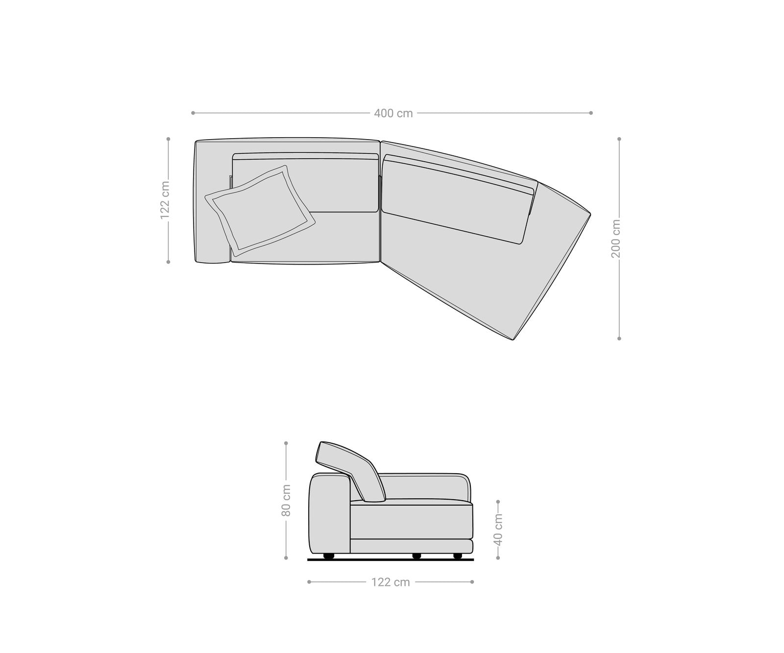 Big-Sofa Snoosh 400x150 cm Strukturstoff Soft Grau Recamiere rechts 9