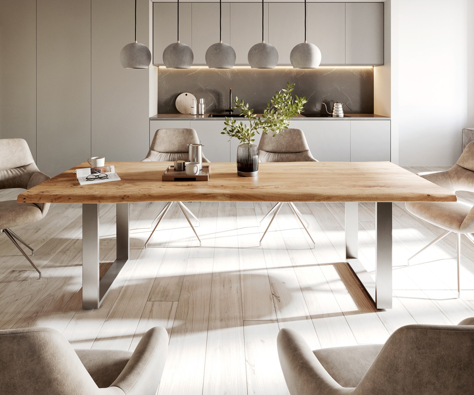 Esstisch Edge 240x100cm Akazie Natur Edelstahl schmal Live-Edge 1