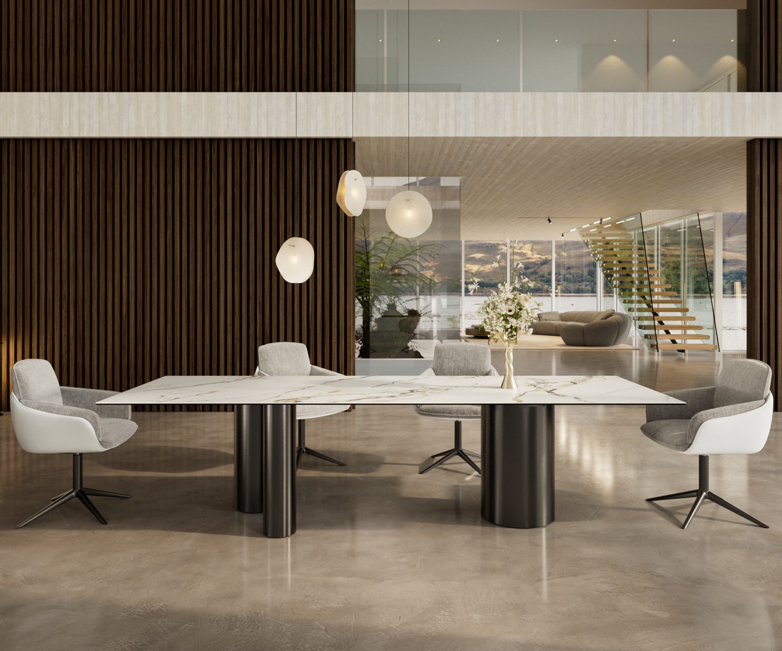 Esstisch Edge 300x100 Keramik Calacatta Luxe Weiß-Gold-Grau Troa Edelstahl Graphit Esstisch Edge 300x100 Keramik Calacatta Luxe Weiß-Gold-Grau Troa Edelstahl Graphit