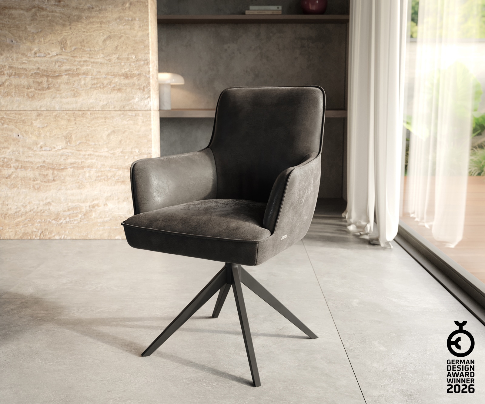 Drehstuhl Heira-Flex mit Armlehnen Mikrofaser Anthrazit Vintage Kreuzgestel günstig online kaufen