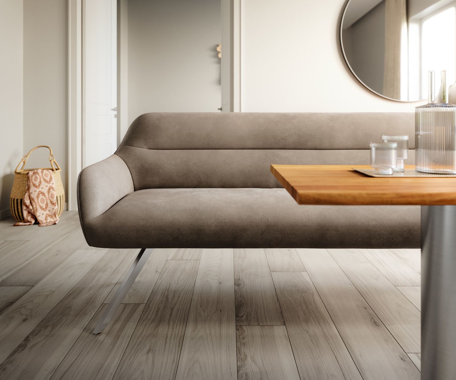 Esszimmerbank Taya-Flex 200 cm Mikrofaser Taupe Vintage Kreuzgestell kantig Edelstahl Taschenfederkern 1