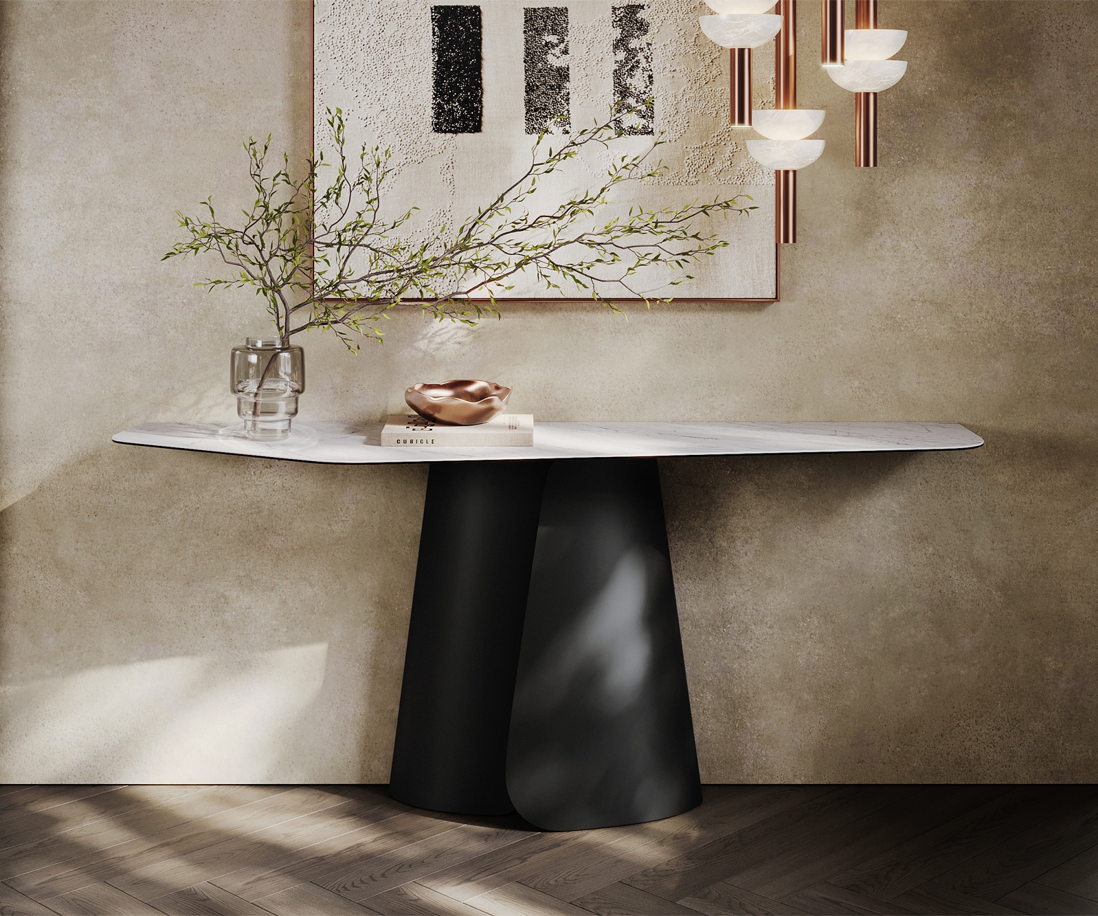 Konsolentisch Edge Polygonal 180x50 cm Keramik Laminam® Statuarietto Weiß Livos Metall Schwarz