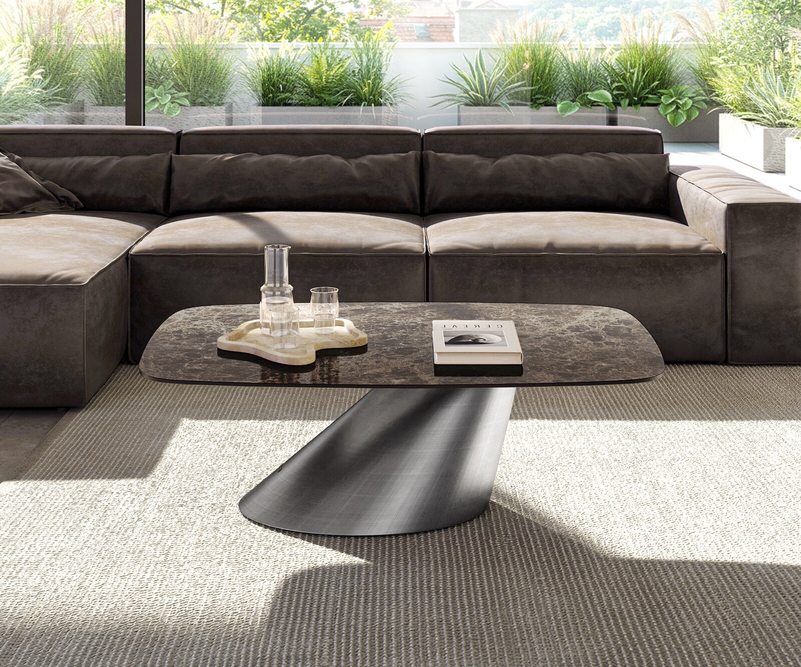 Couchtisch Edge Boot 120x70 cm Keramik Emperador Extra Lucidato Dunkelbraun Conis Metallic Silber 1